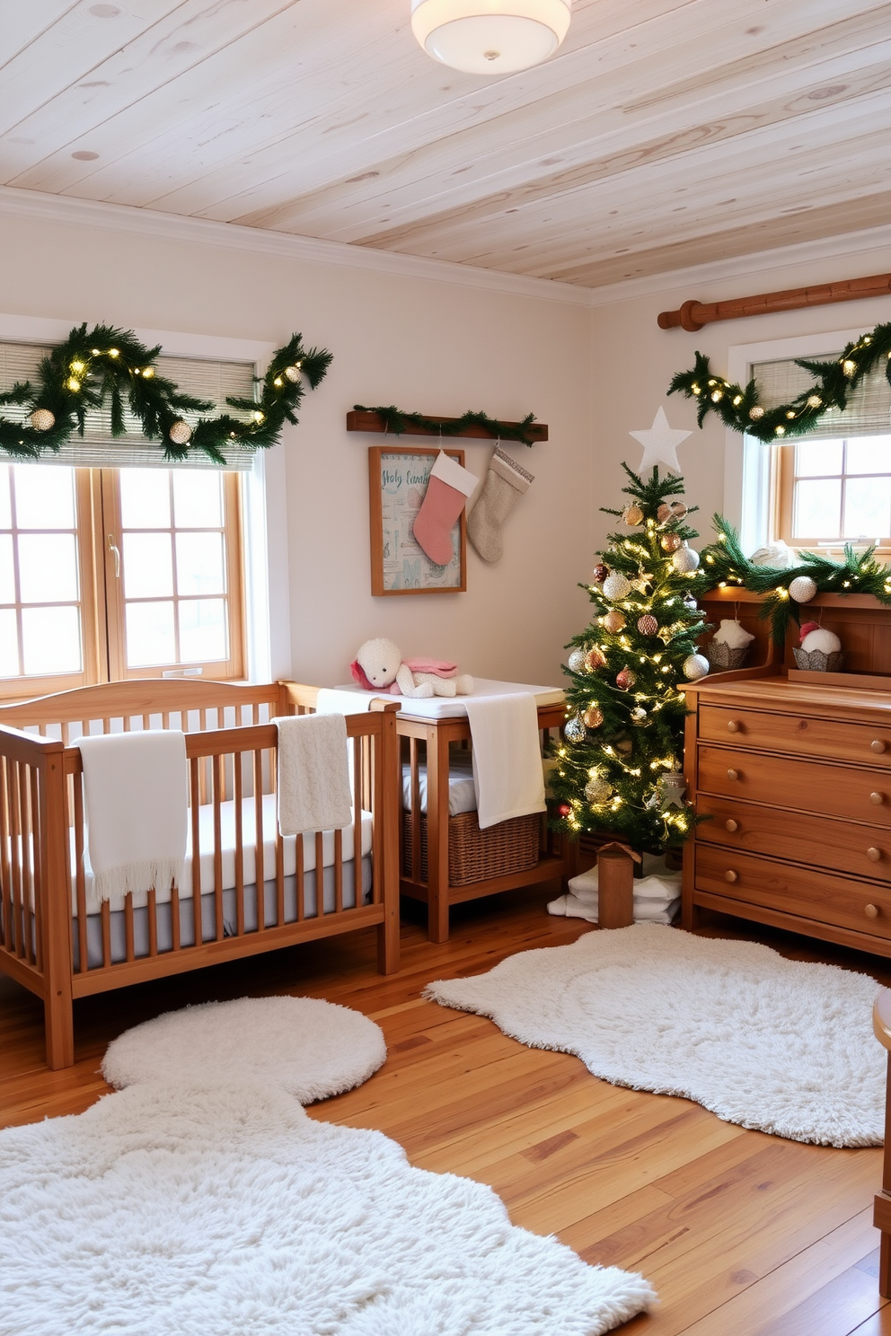 A cozy nursery adorned with natural wood accents creates a warm and inviting atmosphere. Soft pastel colors complement the wooden crib and changing table, while plush rugs add comfort underfoot. For Christmas decorating, the nursery features a small, decorated tree with twinkling lights and handmade ornaments. Stockings hang from the wooden mantel, and festive garlands drape across the windows, enhancing the holiday spirit.