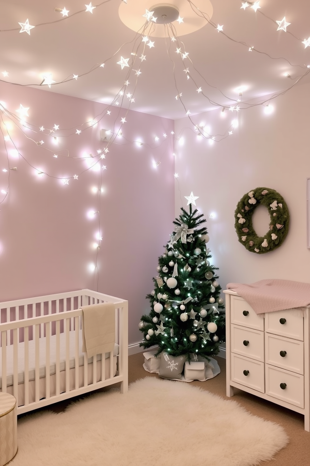 A cozy nursery adorned with twinkling star lights creating a magical atmosphere. Soft pastel colors dominate the walls, complemented by a plush white rug and a beautifully decorated Christmas tree in the corner.