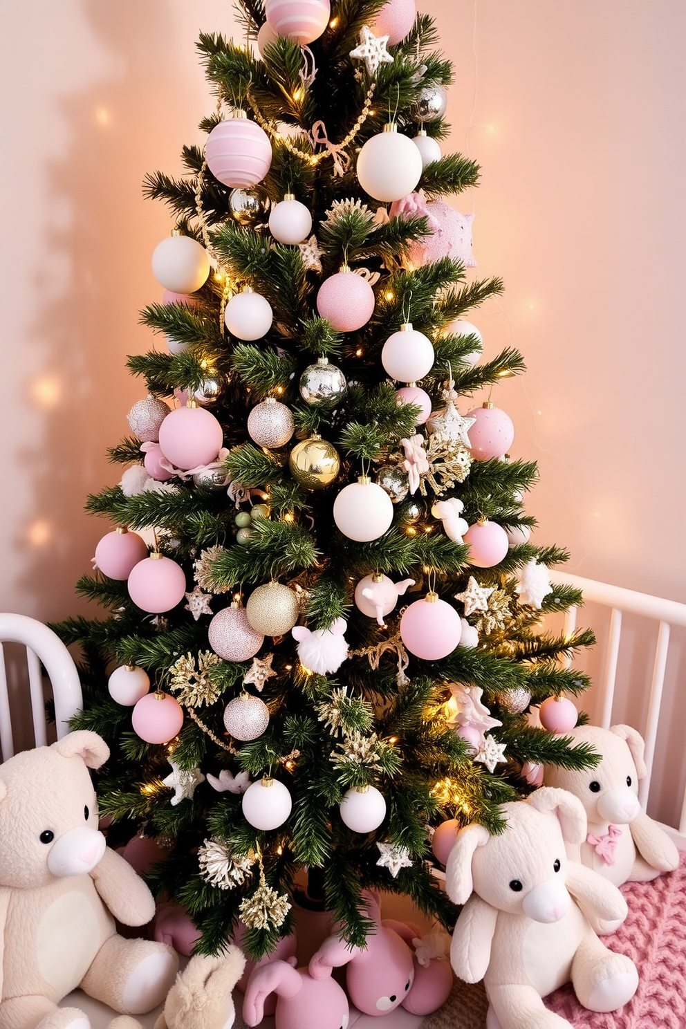 A cozy nursery adorned with soft pastel ornaments on a beautifully decorated Christmas tree. The tree is surrounded by plush toys and twinkling fairy lights, creating a warm and inviting atmosphere.