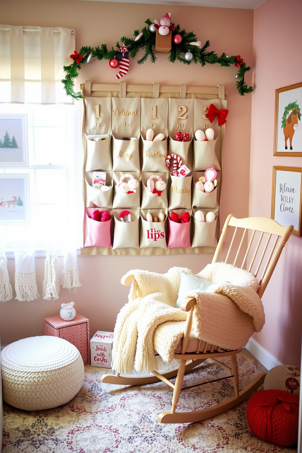 A charming nursery adorned with a festive advent calendar. Each pocket of the calendar is filled with delightful nursery-themed items, creating a warm and inviting holiday atmosphere. The walls are painted in soft pastel colors, with holiday-themed artwork displayed throughout the room. A cozy rocking chair sits in one corner, draped with a plush blanket for added comfort during the chilly season.