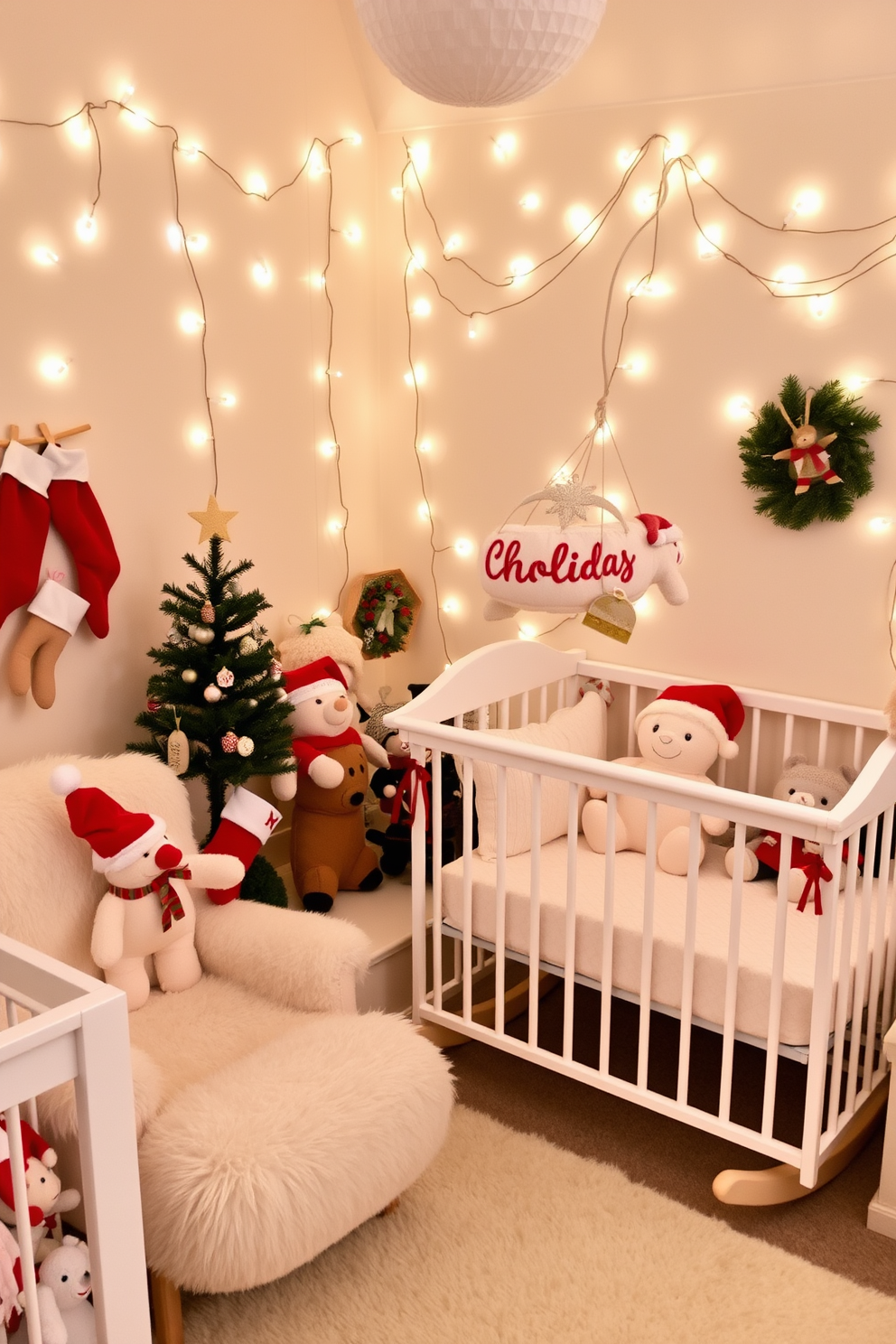 A cozy nursery filled with stuffed animals dressed as Christmas characters. The room features a soft pastel color palette with twinkling fairy lights adorning the walls. A plush rocking chair sits in the corner, surrounded by festive decorations like a small Christmas tree and stockings. The crib is adorned with a cheerful holiday-themed mobile, creating a whimsical atmosphere for the little one.