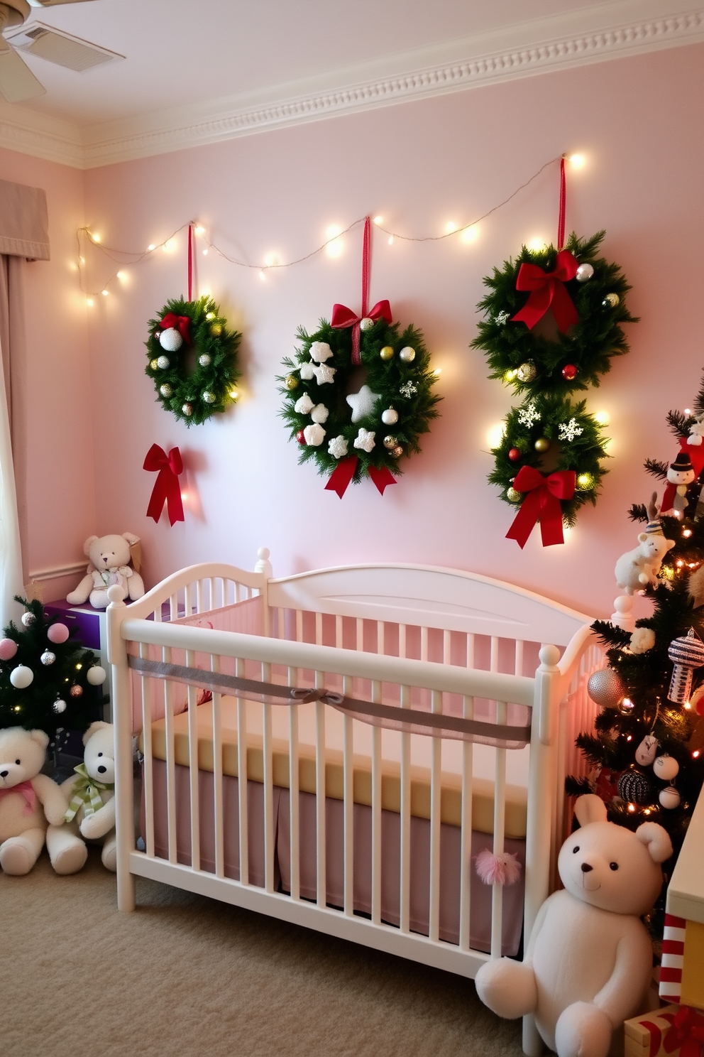 A cozy nursery decorated for Christmas featuring wreaths made from baby-safe materials. The walls are painted in soft pastel colors, and the room is filled with plush toys and gentle lighting to create a warm atmosphere.