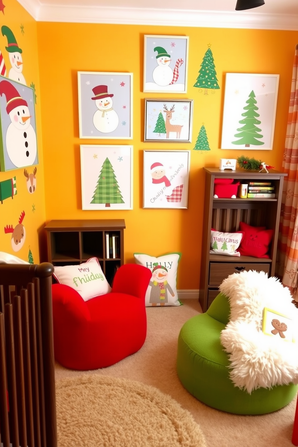 A vibrant nursery filled with festive wall art featuring holiday themes. The walls are adorned with colorful prints of snowmen, reindeer, and Christmas trees, creating a joyful atmosphere for children. Soft, plush furniture in shades of red and green complements the decor. A cozy reading nook with a small bookshelf is decorated with holiday-themed cushions and a fluffy throw blanket.