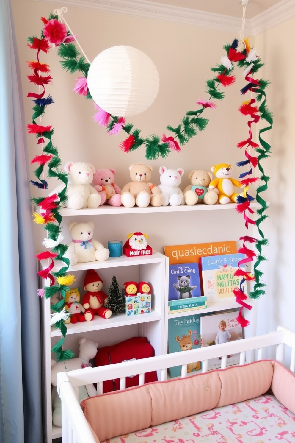 A cheerful nursery adorned with colorful garlands draped across shelves. The shelves are filled with plush toys and children's books, creating a whimsical holiday atmosphere.