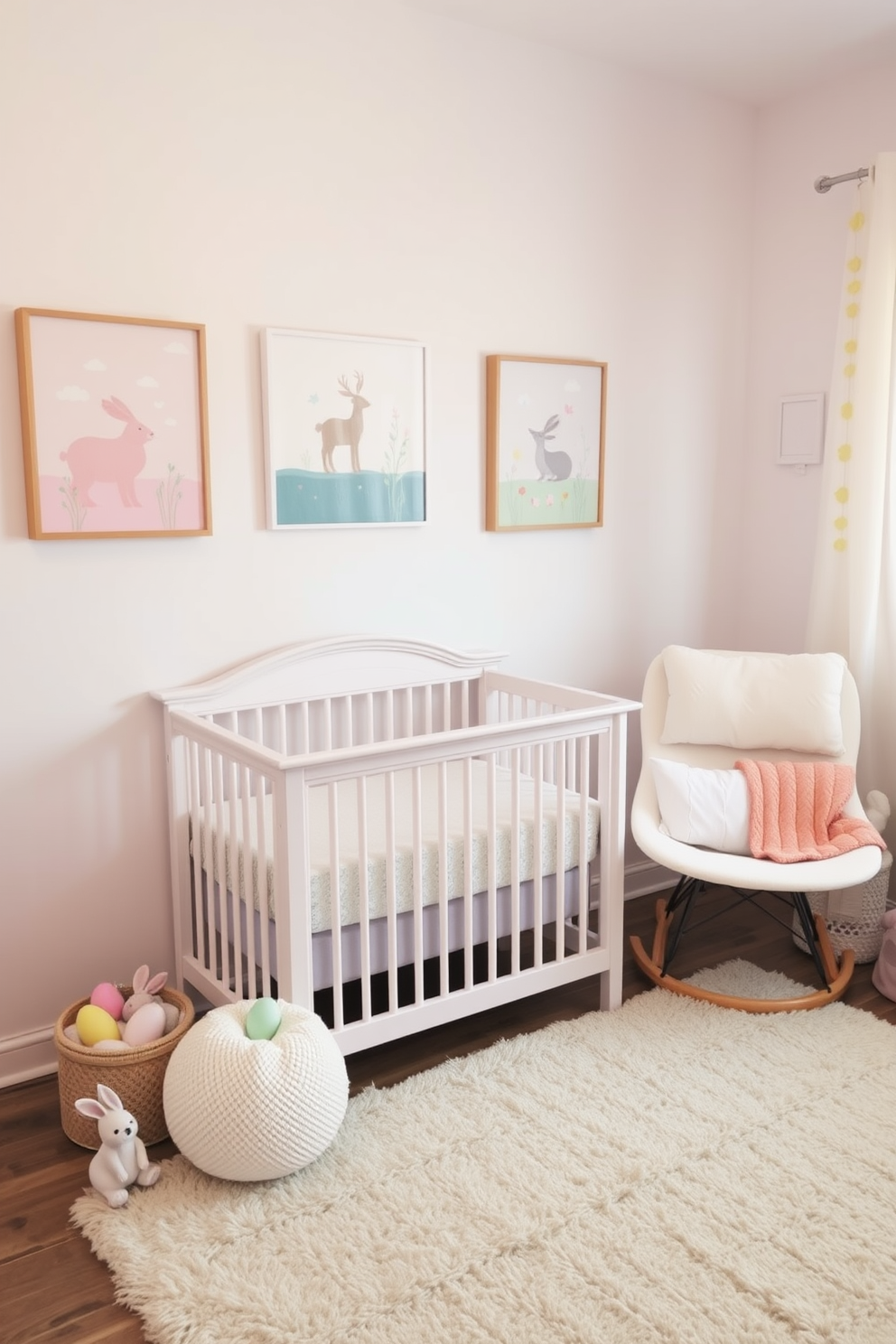 A serene nursery decorated with soft pastel colored wall art featuring whimsical animals and gentle landscapes. The space includes a cozy crib adorned with plush bedding and a comfortable rocking chair in a corner, creating a warm and inviting atmosphere for Easter celebrations.