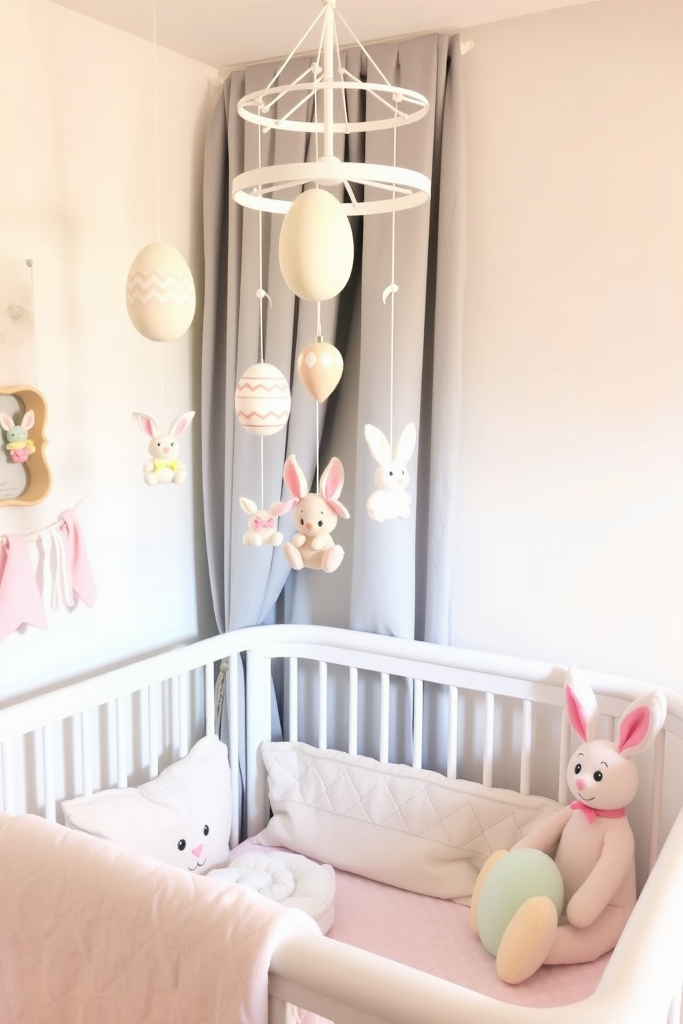 A cozy nursery decorated for Easter features a neutral toned area rug adorned with a playful bunny design. Soft pastel colors fill the room, with delicate decorations that create a cheerful and inviting atmosphere.