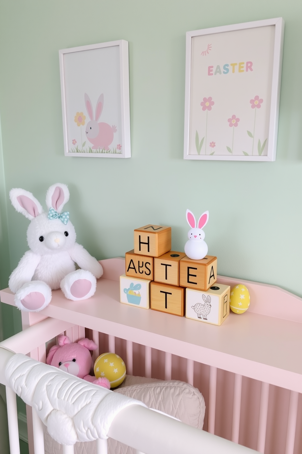 A charming nursery adorned with cute animal prints framed on the walls. Soft pastel colors dominate the space, creating a warm and inviting atmosphere for little ones. Easter decorations are tastefully arranged throughout the room, featuring playful bunnies and colorful eggs. A cozy rocking chair sits in the corner, surrounded by plush toys and a soft area rug.