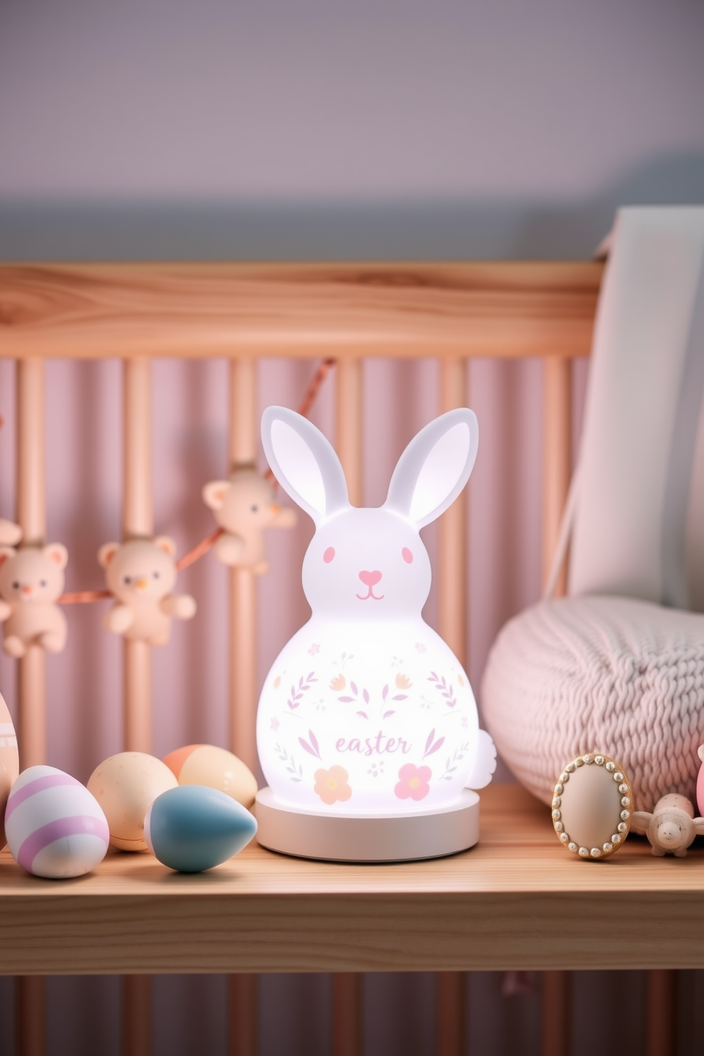 A cozy nursery filled with fresh flowers in pastel vases placed on shelves and window sills. Soft pastel colors adorn the walls, creating a serene atmosphere perfect for a child's room. Decorative elements inspired by Easter are thoughtfully arranged throughout the space. Bunny figurines and egg-themed accents add a playful touch to the overall design.