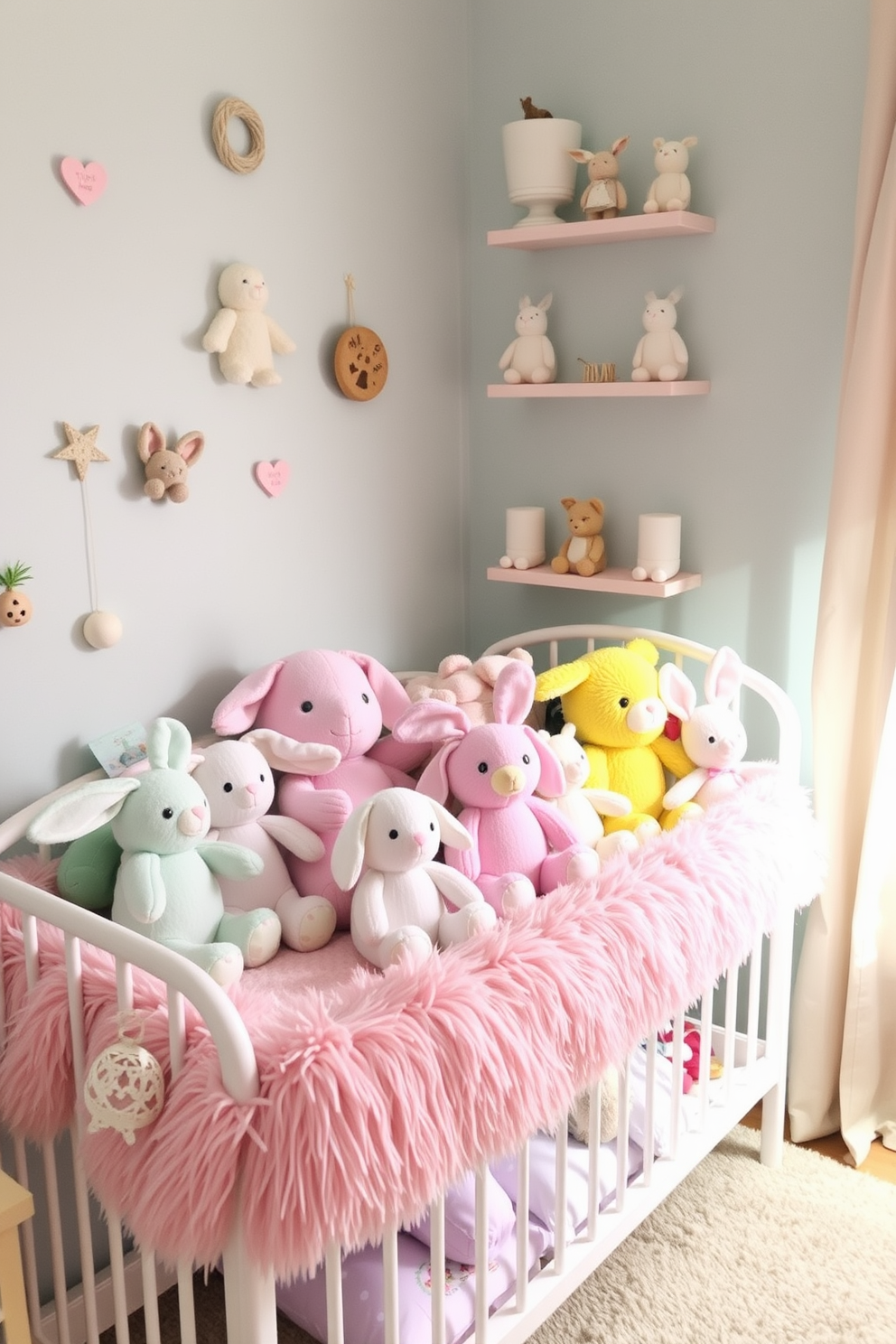 A cozy nursery featuring woven baskets for toy storage. The baskets are arranged neatly in a bright corner, adding a touch of warmth and organization to the space. Easter decorations adorn the nursery with pastel colors and playful designs. Soft bunny figurines and colorful eggs are strategically placed on shelves, creating a festive atmosphere.