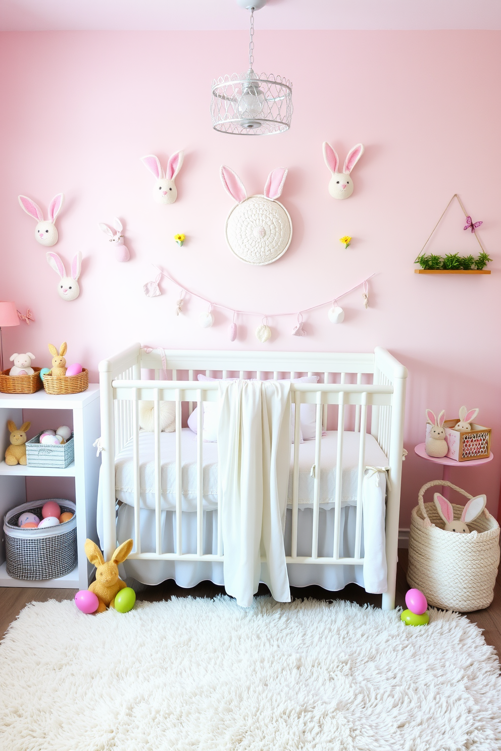 A whimsical nursery setting featuring bunny ear headbands displayed on decorative hooks. The walls are painted in a soft pastel color, and a cozy rocking chair is placed in the corner, creating an inviting atmosphere for Easter decorating ideas.