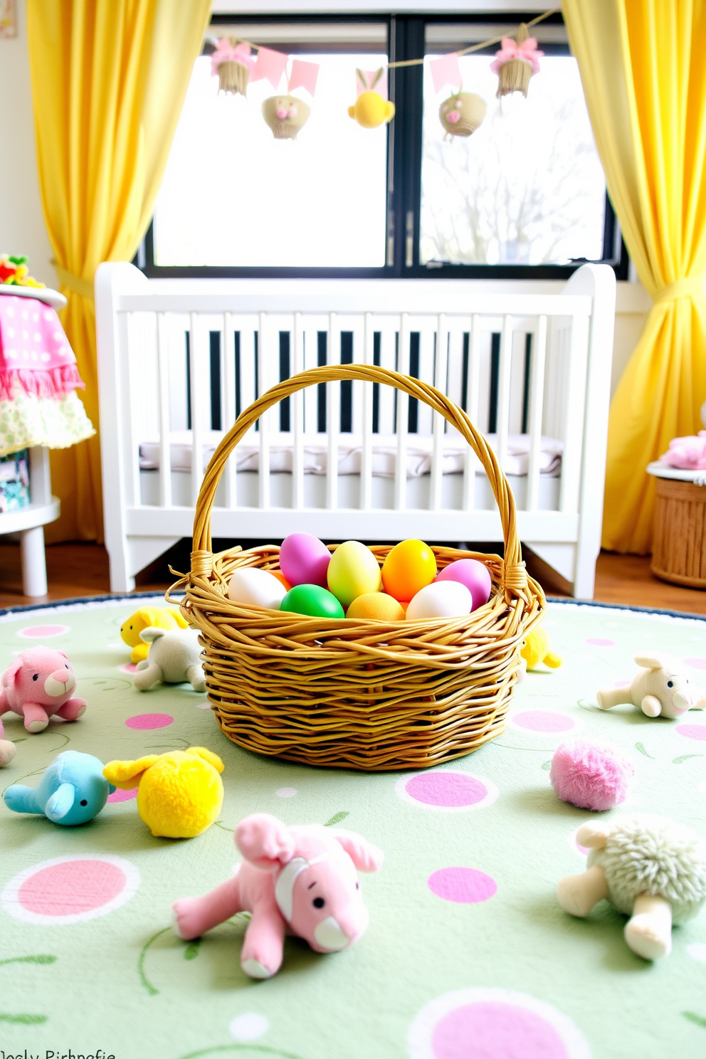 A cozy nursery featuring pastel colored curtains adorned with delicate floral patterns that gently filter the sunlight. The room is filled with soft, plush furnishings and whimsical decor, creating a serene and inviting atmosphere perfect for Easter celebrations.