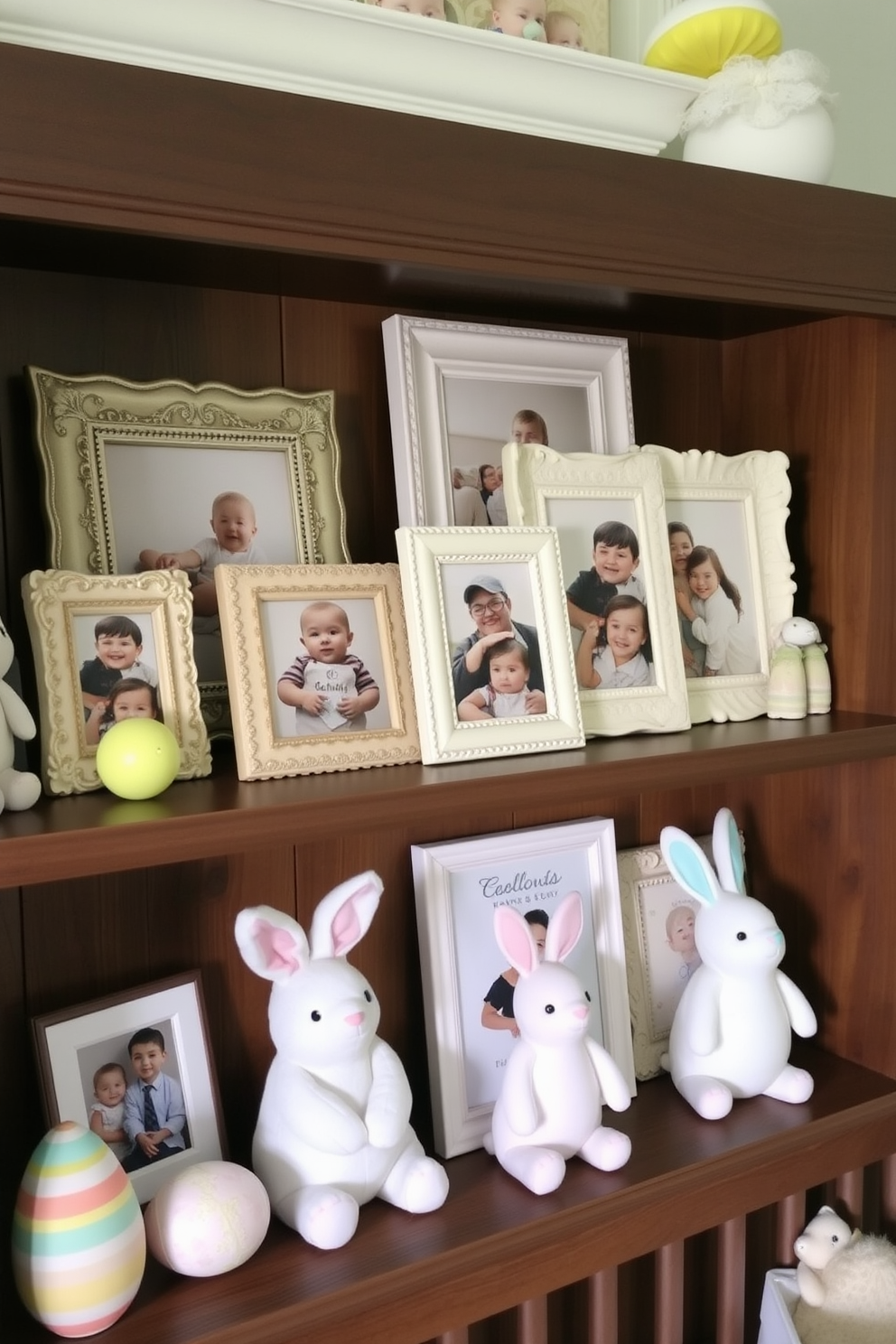 A charming nursery decorated for Easter features a soft changing pad cover adorned with pastel-colored bunnies and eggs. The walls are painted in a light yellow hue, complemented by whimsical wall decals of spring flowers and cheerful chicks.