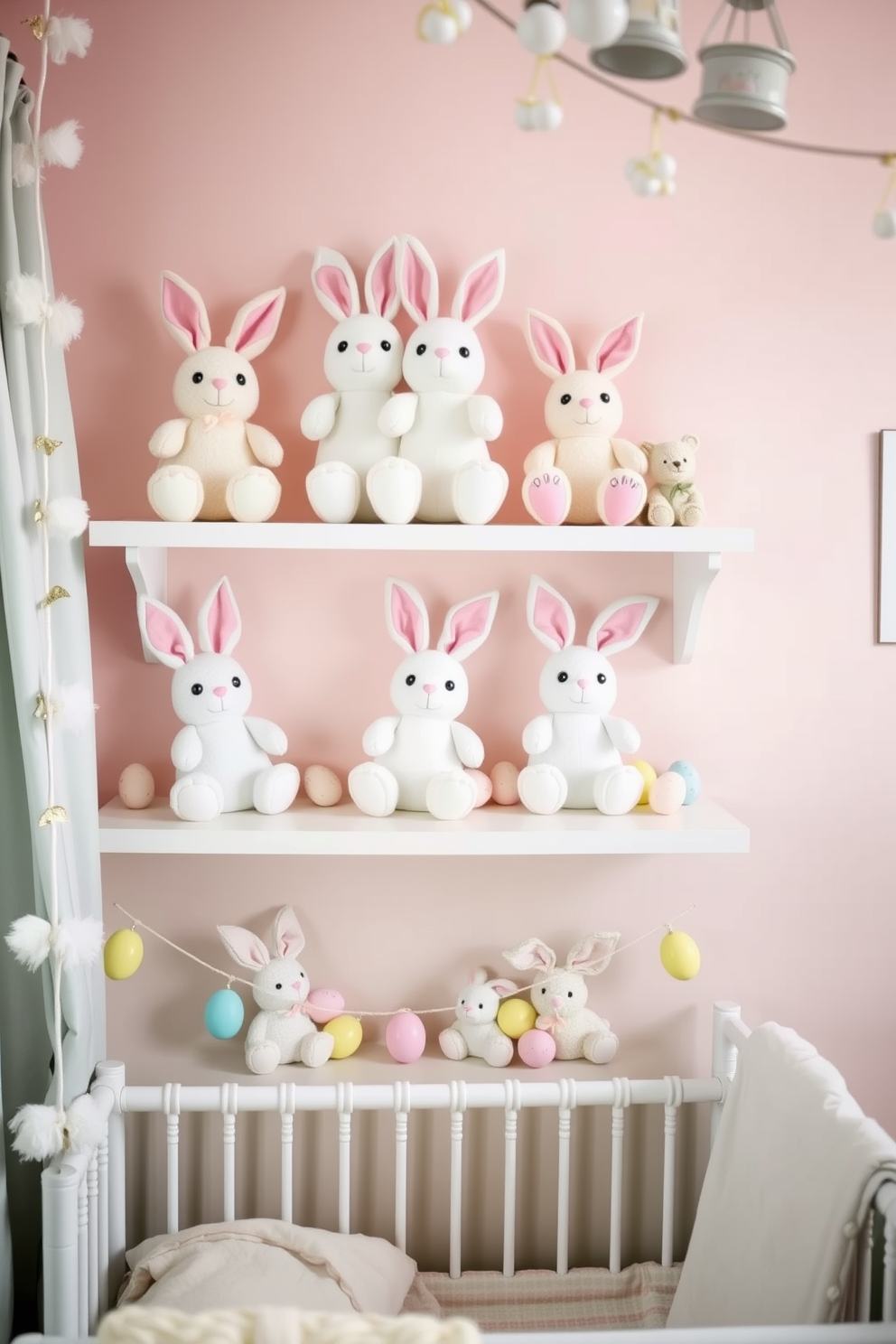 A cozy nursery filled with soft pastel colors and gentle lighting. Fluffy bunny plush toys are neatly arranged on open shelves, creating a whimsical and inviting atmosphere. Easter decorations are tastefully incorporated, featuring delicate garlands and cheerful artwork. The space exudes warmth and playfulness, perfect for nurturing a little one's imagination.