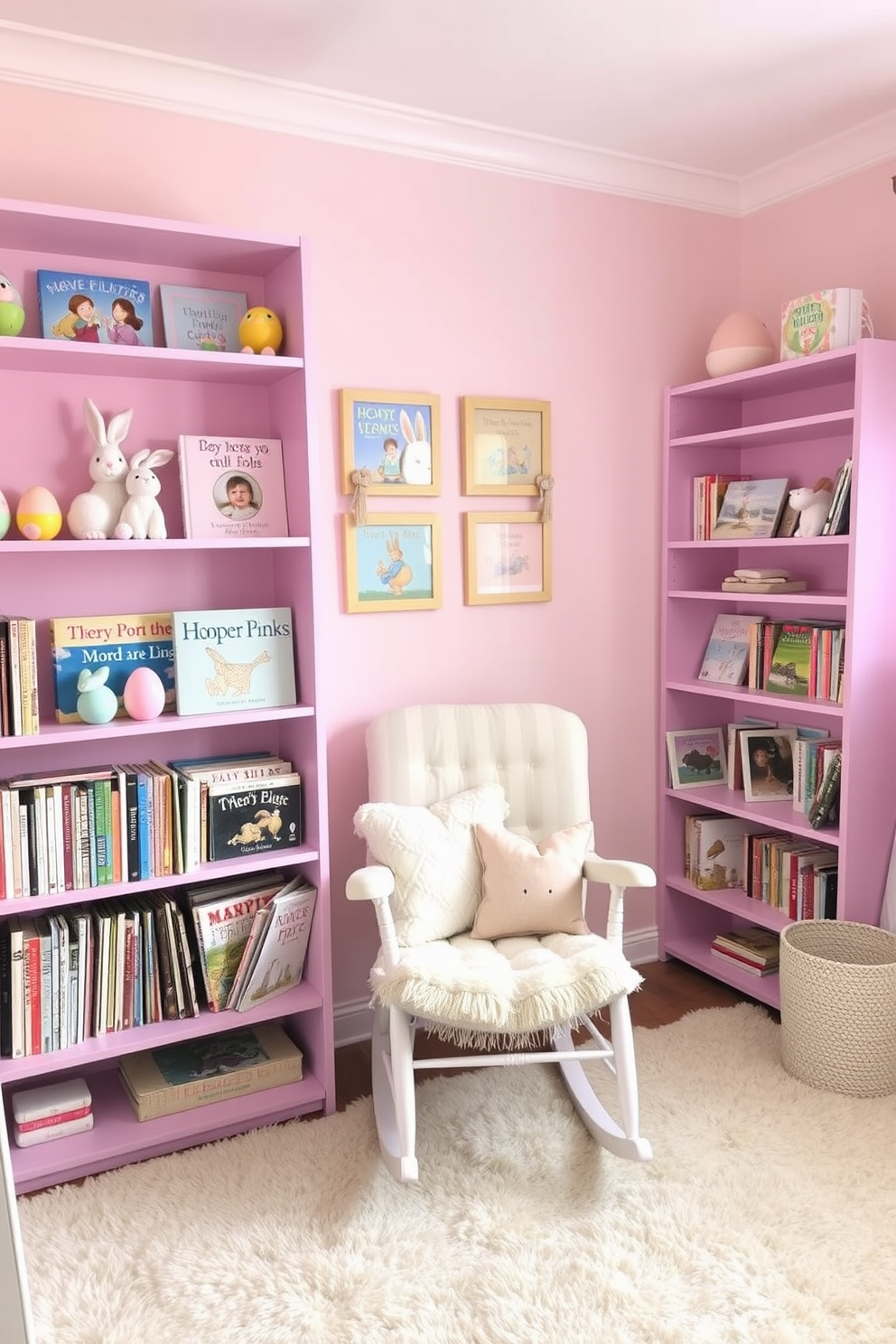 A charming nursery decorated for Easter features a whimsical bunny-shaped wall clock that adds a playful touch to the room. The clock is positioned above a cozy crib adorned with pastel-colored bedding and surrounded by soft plush toys.