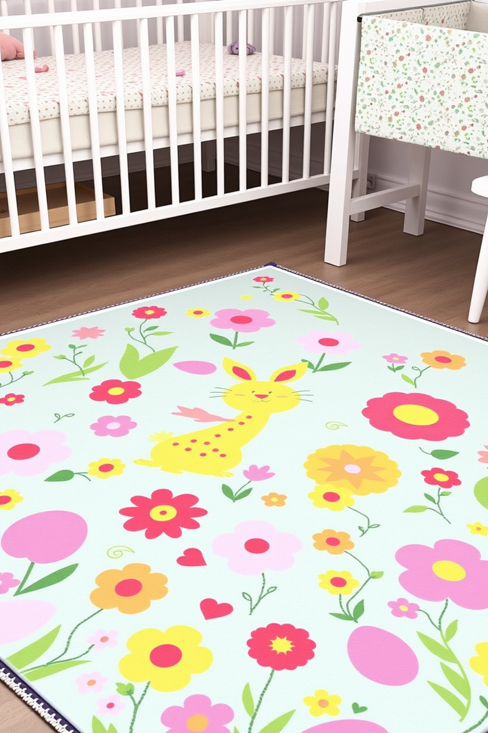 A whimsical wall mural depicting vibrant spring scenes fills the nursery. The mural features playful bunnies, blooming flowers, and colorful eggs, creating a cheerful atmosphere perfect for Easter decorating ideas.