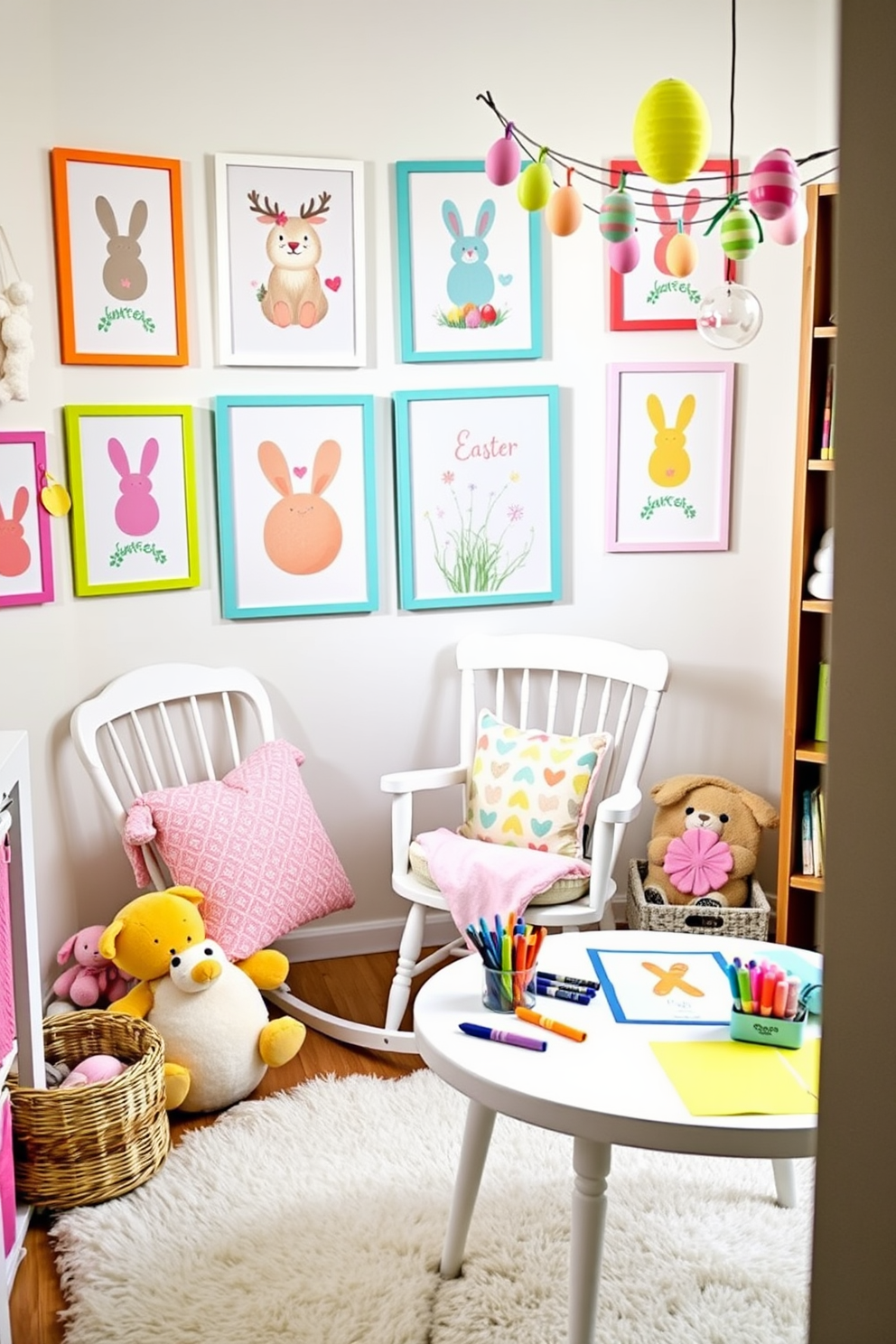 A charming tea set is beautifully arranged on a small wooden table, featuring pastel-colored cups and a delicate teapot adorned with floral patterns. Surrounding the table, plush cushions in soft hues create a cozy seating area perfect for little ones to enjoy playtime. Easter decorations bring a festive touch to the nursery, with pastel-colored eggs nestled in a decorative basket. Soft bunnies and spring flowers are placed around the room, creating a cheerful and inviting atmosphere for the holiday celebration.