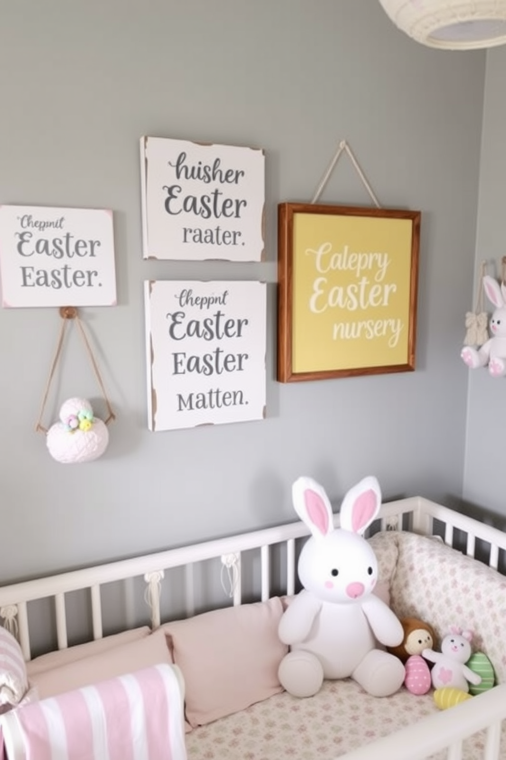 Easter themed growth chart on wall featuring colorful bunnies and decorated eggs. The chart is designed with pastel colors and whimsical illustrations to create a cheerful atmosphere in the nursery. Surrounding the growth chart are Easter decorations such as garlands of paper flowers and hanging egg ornaments. Soft plush toys in Easter themes are placed on shelves to enhance the festive decor.