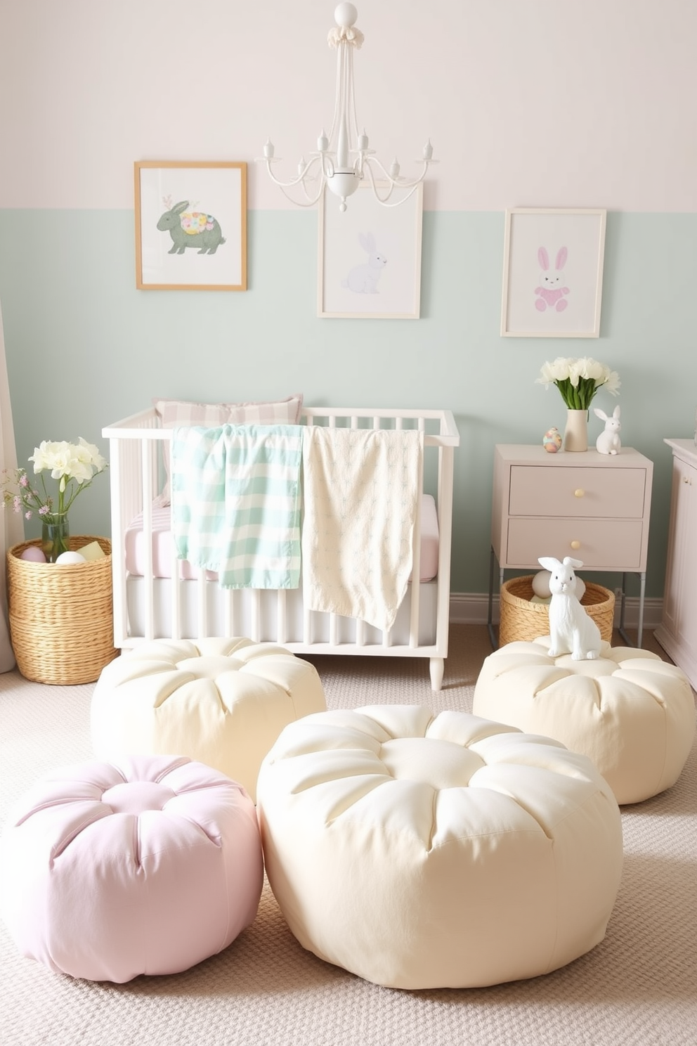 A whimsical nursery setting adorned with soft pastel colors. Bunny footprints gently trail across the floor, leading to a cozy crib surrounded by cheerful Easter decorations.