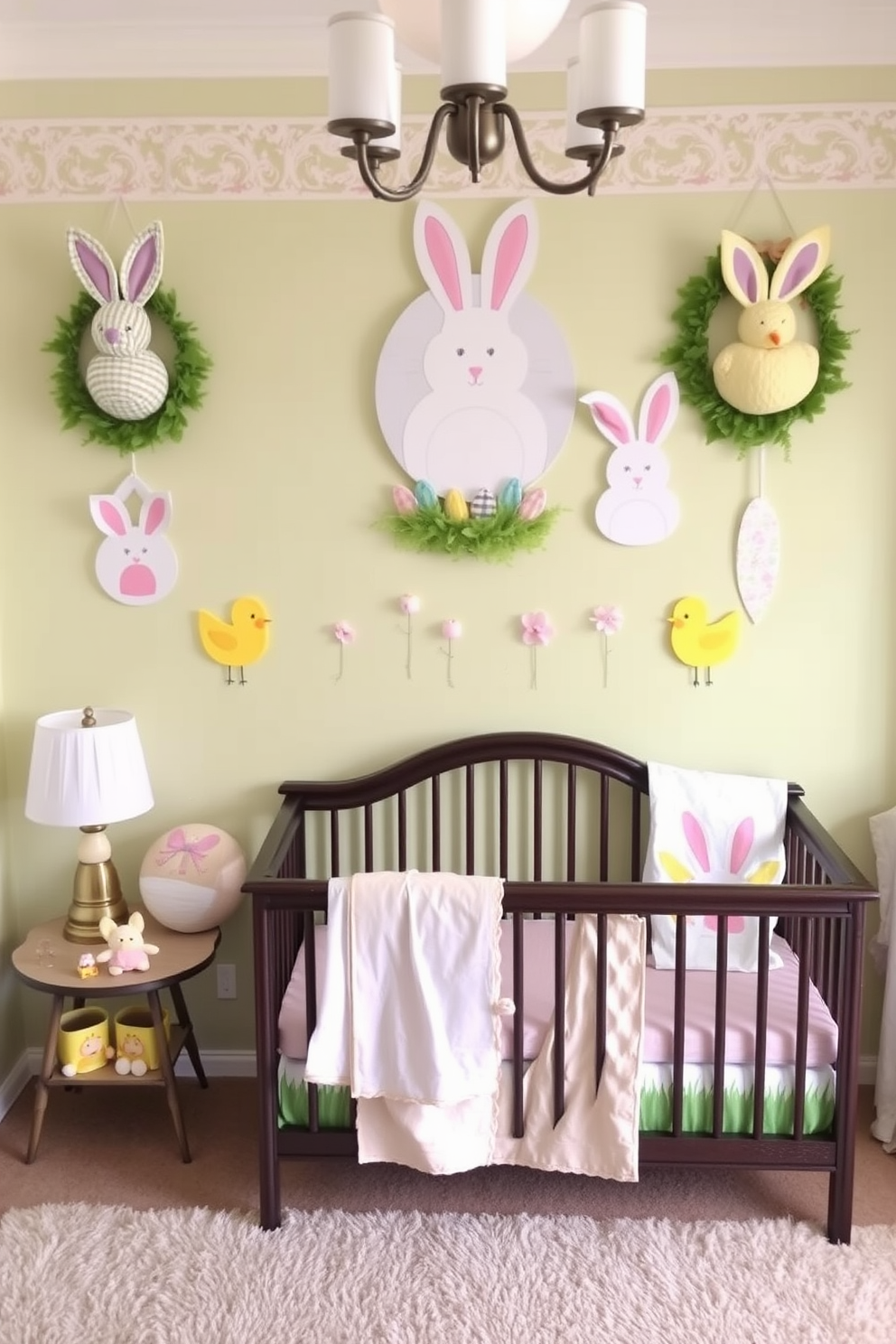 A vibrant bulletin board filled with colorful paper eggs in various sizes and patterns. The background features pastel colors and playful designs, creating a cheerful atmosphere perfect for a nursery Easter celebration.