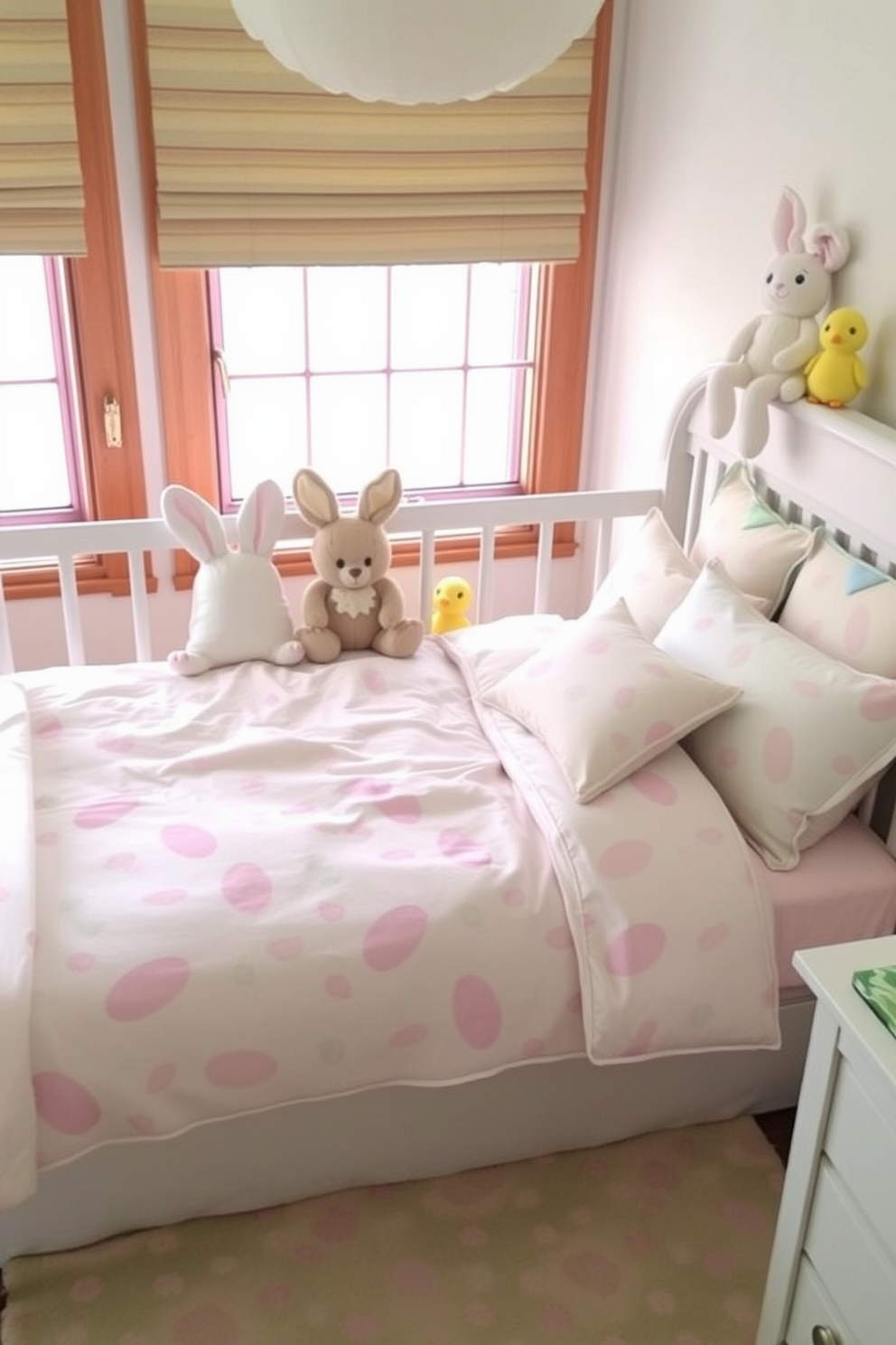 A charming nursery adorned with an Easter egg garland draped gracefully across the crib. Soft pastel colors fill the room, with a cozy rocking chair nestled in one corner and plush toys scattered on a fluffy area rug.