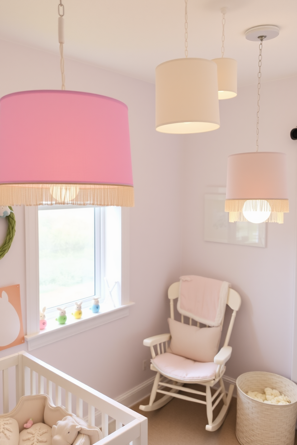 A cozy nursery adorned with pastel colored string lights that cast a warm glow throughout the space. The walls are painted in soft shades of pink and blue, creating a serene atmosphere perfect for a child’s room. Easter decorations include charming bunny figurines and colorful eggs placed on shelves and tables. A whimsical mobile hangs above the crib, featuring pastel colors that tie the entire theme together beautifully.