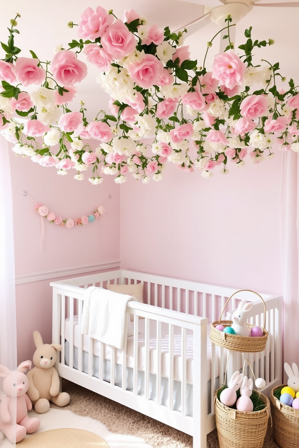 Floral patterned bedding set for crib featuring soft pastel colors with delicate flower designs. The nursery is adorned with Easter decorations including bunny figurines and colorful eggs placed on shelves.