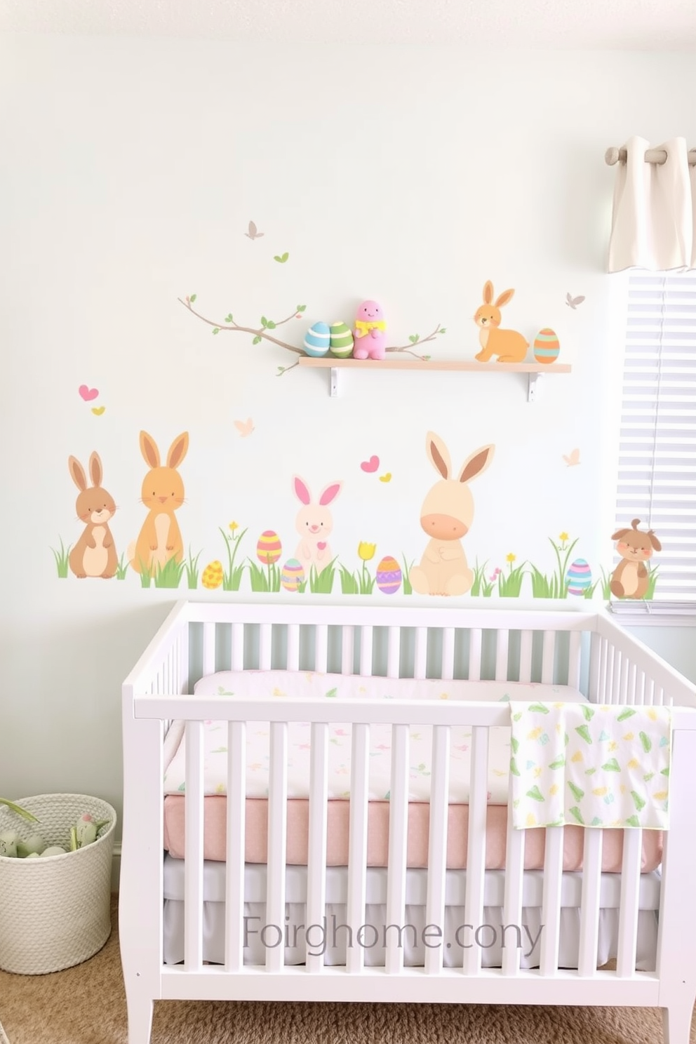 A cozy nursery featuring a comfortable chair adorned with bunny shaped throw pillows. The room is decorated with pastel colors and playful Easter-themed accents, creating a cheerful and inviting atmosphere.