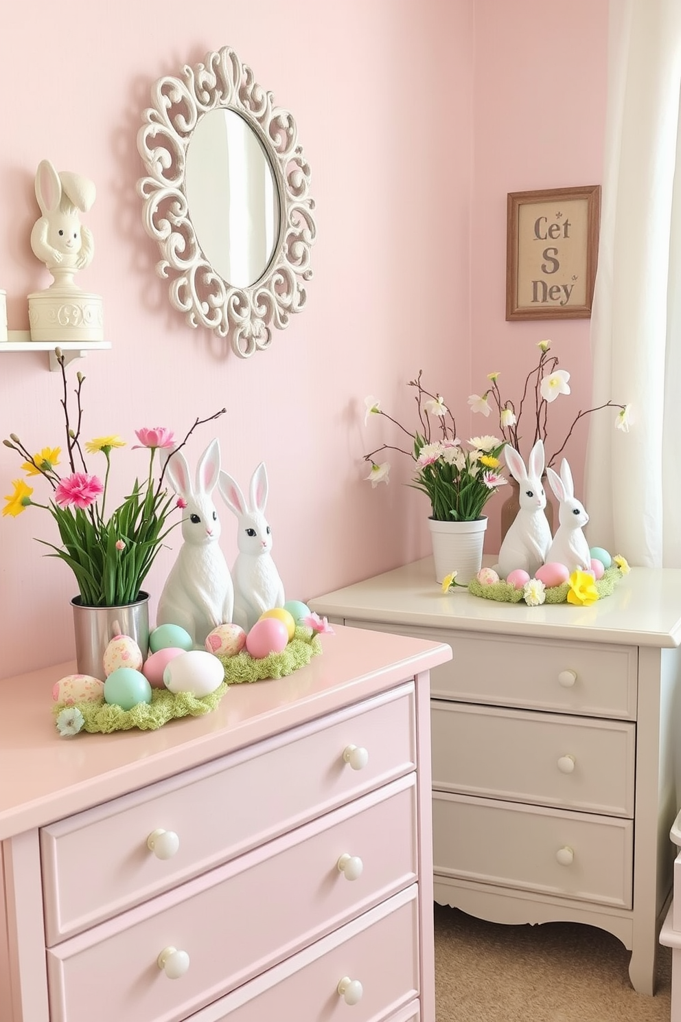 A cozy nursery setting designed for Easter. Decorative baskets filled with faux eggs in pastel colors are placed on a soft, light-colored rug. A wooden rocking chair sits in the corner, draped with a fluffy throw blanket. The walls are adorned with cheerful, whimsical artwork featuring bunnies and spring flowers.