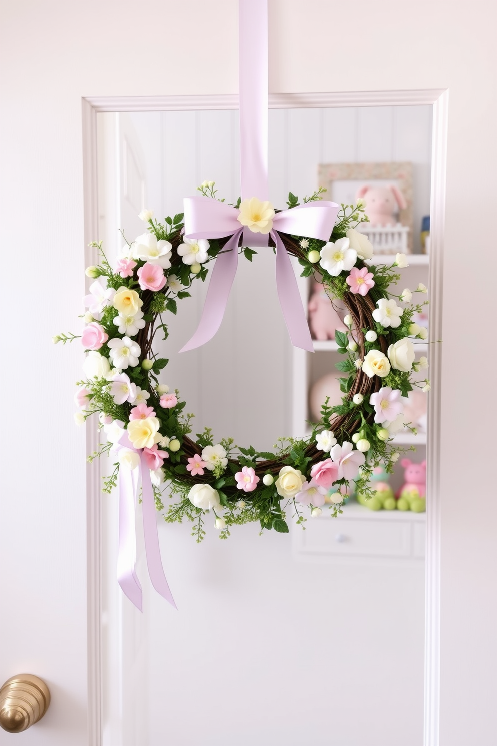 A vibrant mobile with various spring-themed elements hangs gracefully above the crib. The mobile features pastel-colored flowers, bunnies, and eggs, creating a cheerful atmosphere for the nursery.