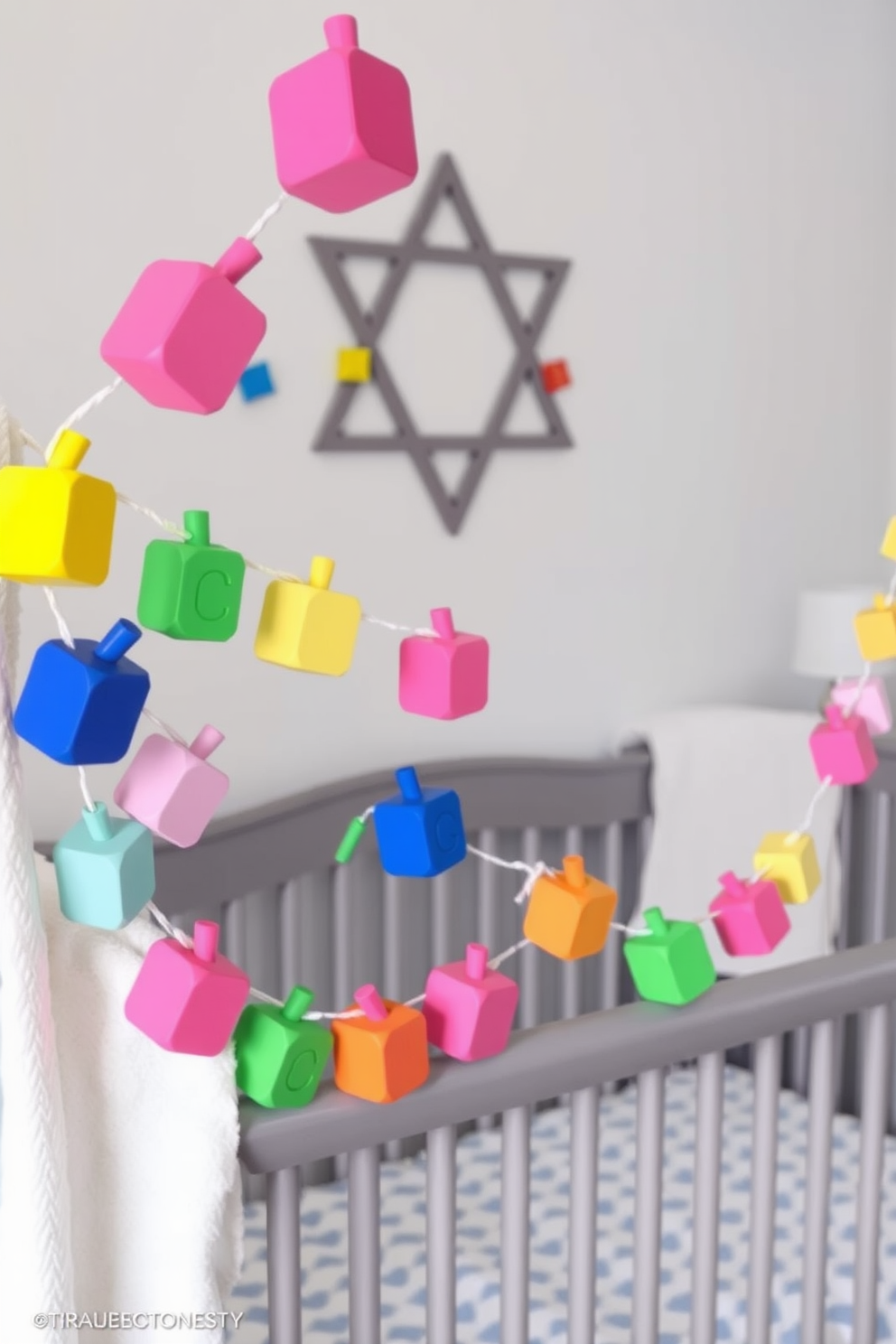 A vibrant display of colorful dreidel garland drapes gracefully across the crib creating a festive atmosphere. The nursery is adorned with soft pastel colors and playful decor that enhances the joyful spirit of Hanukkah.