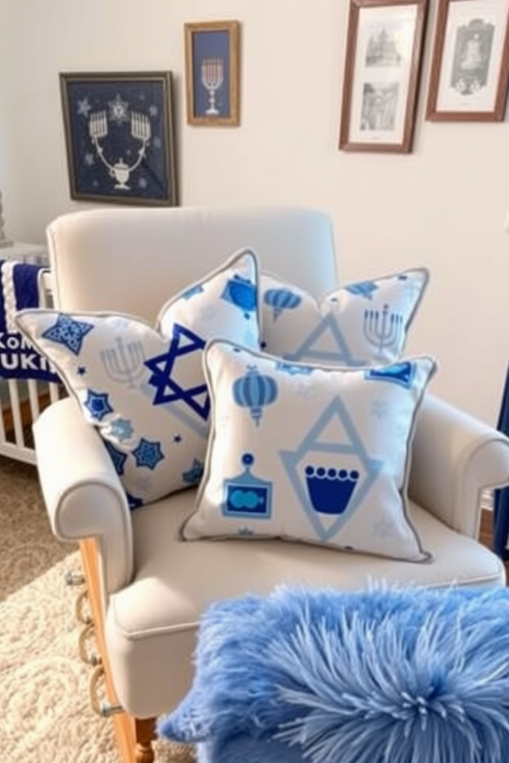 Decorative pillows featuring vibrant Hanukkah motifs are arranged on a cozy nursery rocking chair. The soft fabric showcases symbols like menorahs and dreidels in a palette of blues and silvers, adding a festive touch to the space. The nursery is adorned with subtle Hanukkah decorations, including wall art depicting traditional imagery. A plush area rug complements the theme, creating a warm and inviting atmosphere for family gatherings during the holiday season.