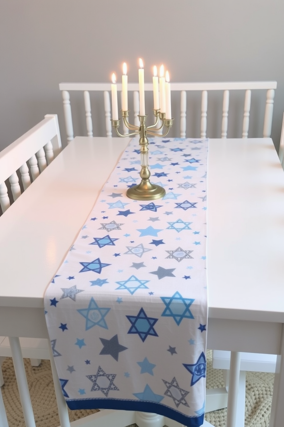 A vibrant Hanukkah tablecloth adorns a playful nursery setting. The table is surrounded by soft, colorful cushions, creating a cozy atmosphere for festive gatherings. Brightly colored decorations hang from the ceiling, adding a cheerful touch to the space. The walls are painted in soft pastels, complementing the joyful theme of the Hanukkah celebration.