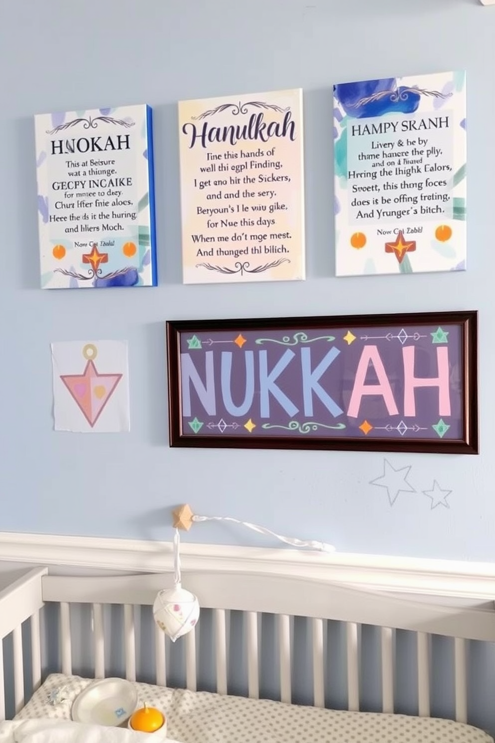 Wall art featuring Hanukkah blessings. The artwork includes vibrant colors and traditional symbols, creating a warm and festive atmosphere. Nursery Hanukkah decorating ideas. Soft, pastel colors are used to create a cozy environment, with playful elements like star and dreidel motifs incorporated into the decor.