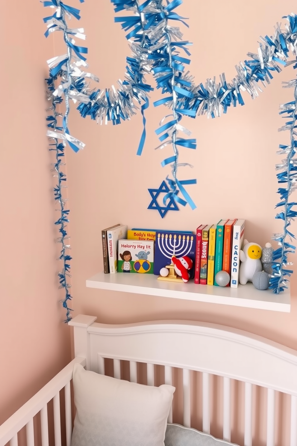 A charming nursery space featuring a beautifully arranged bookshelf. On the shelf, a miniature menorah is prominently displayed alongside colorful children's books and plush toys. The walls are painted in soft pastel colors, creating a warm and inviting atmosphere. Festive Hanukkah decorations, such as blue and silver garlands, adorn the room, adding a cheerful touch to the overall design.