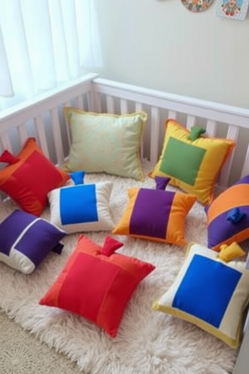 A cozy nursery seating area adorned with dreidel-shaped cushions in vibrant colors. The cushions are arranged on a soft, plush rug, creating a playful and inviting space perfect for celebrating Hanukkah.