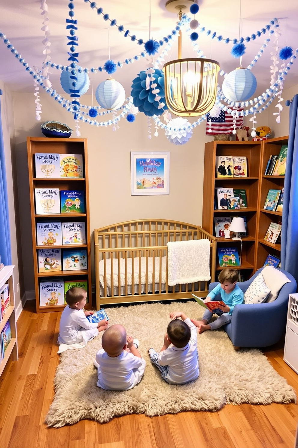 A cozy nursery filled with warmth and joy. The shelves are adorned with colorful Hanukkah storybooks, each beautifully illustrated to capture the spirit of the holiday. Soft blue and white decorations hang from the ceiling, creating a festive atmosphere. A plush rug in the center of the room invites little ones to sit and enjoy the stories together.