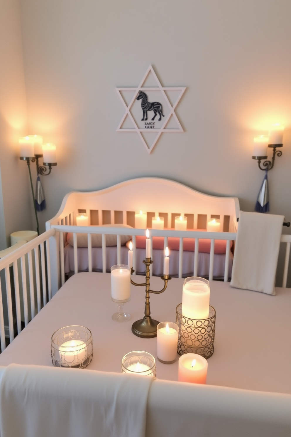 A cozy nursery adorned with scented candles in decorative holders. The soft glow of the candles complements the pastel color palette of the room, creating a serene atmosphere. For Hanukkah, the nursery is decorated with traditional elements such as a menorah and blue and silver accents. The scented candles add a warm touch, enhancing the festive spirit while maintaining a calming environment.