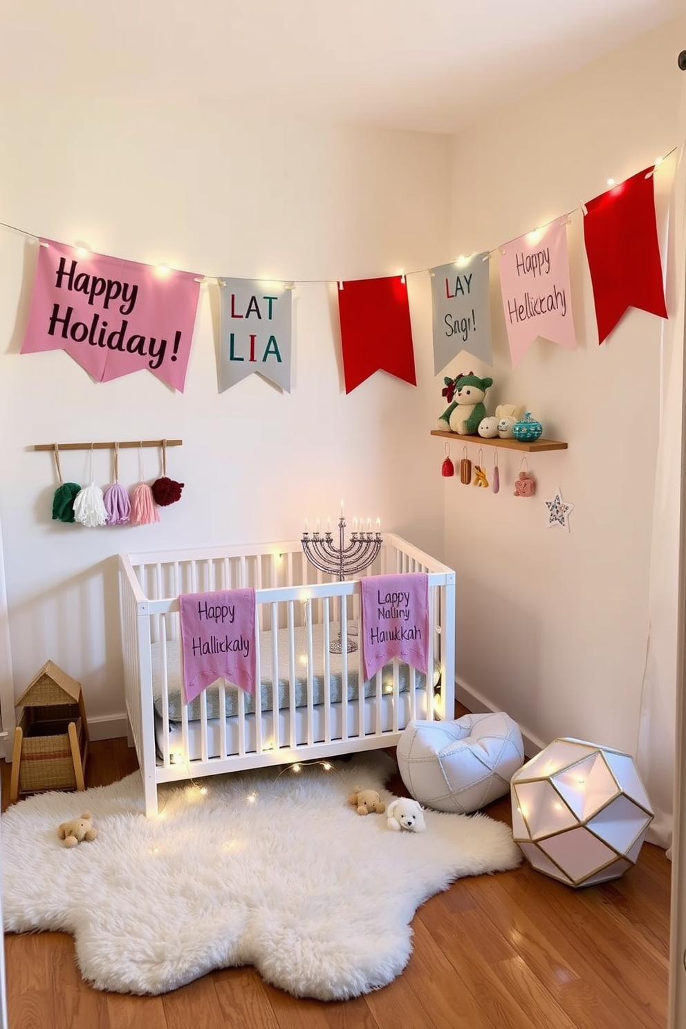 A cozy nursery adorned with felt banners featuring cheerful holiday greetings. The walls are painted in soft pastels, and a plush rug lies on the floor, creating a warm and inviting atmosphere. Festive Hanukkah decorations are thoughtfully arranged throughout the space. A beautifully lit menorah sits on a shelf, surrounded by twinkling fairy lights and handmade ornaments.