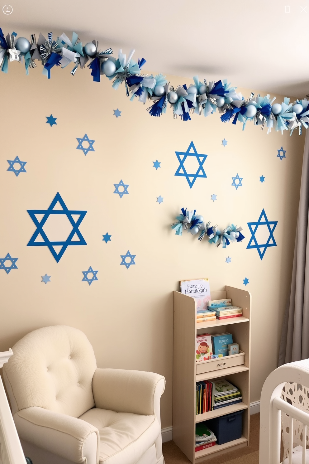 A serene nursery space decorated for Hanukkah. The walls are painted in soft blue, complemented by white furniture, creating a calm and inviting atmosphere. A beautifully adorned menorah sits on a shelf, surrounded by plush toys and festive decorations. Soft blue blankets drape over a white rocking chair, adding warmth and comfort to the room.