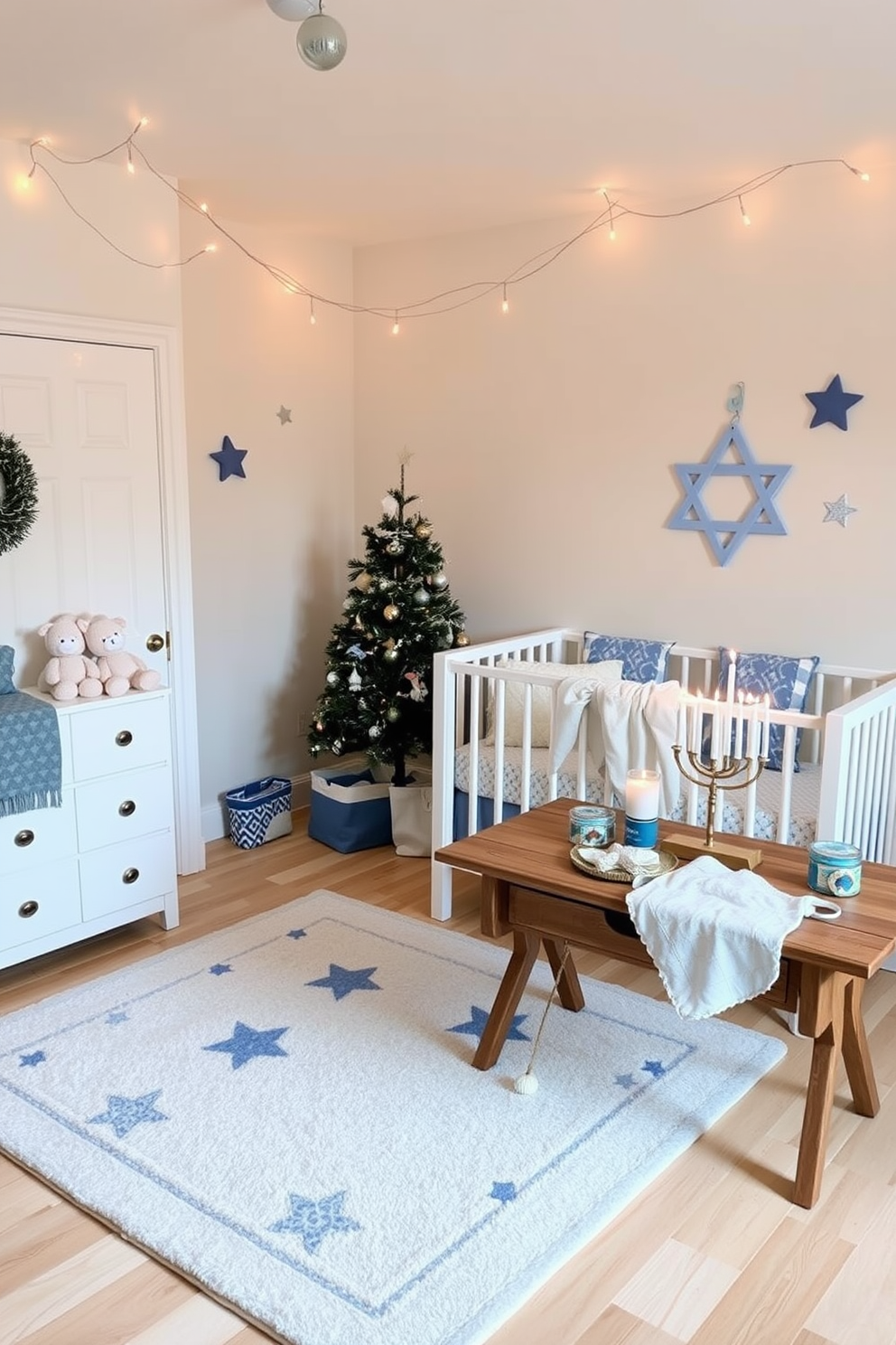 A soft area rug with star patterns lays across a light-colored hardwood floor in a cozy nursery. The walls are painted in a soothing pastel hue, and a plush crib is positioned nearby, adorned with soft bedding and decorative pillows. For Hanukkah decorating ideas, a beautifully arranged menorah sits on a wooden table, surrounded by blue and silver accents. Festive string lights twinkle overhead, casting a warm glow on the room filled with traditional decorations and symbols of the holiday.