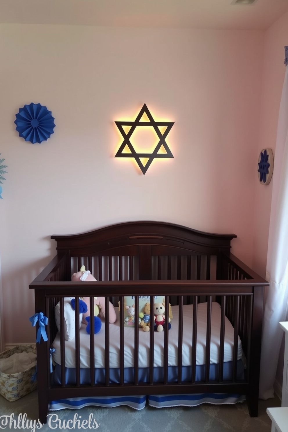 Personalized Hanukkah ornaments hang delicately from a beautifully decorated evergreen tree in the nursery. Each ornament features the names of family members in elegant script, adding a personal touch to the festive atmosphere. The nursery is adorned with soft blue and silver decor, creating a serene and joyful space for celebrating Hanukkah. Twinkling fairy lights illuminate the room, enhancing the warmth and charm of the holiday season.