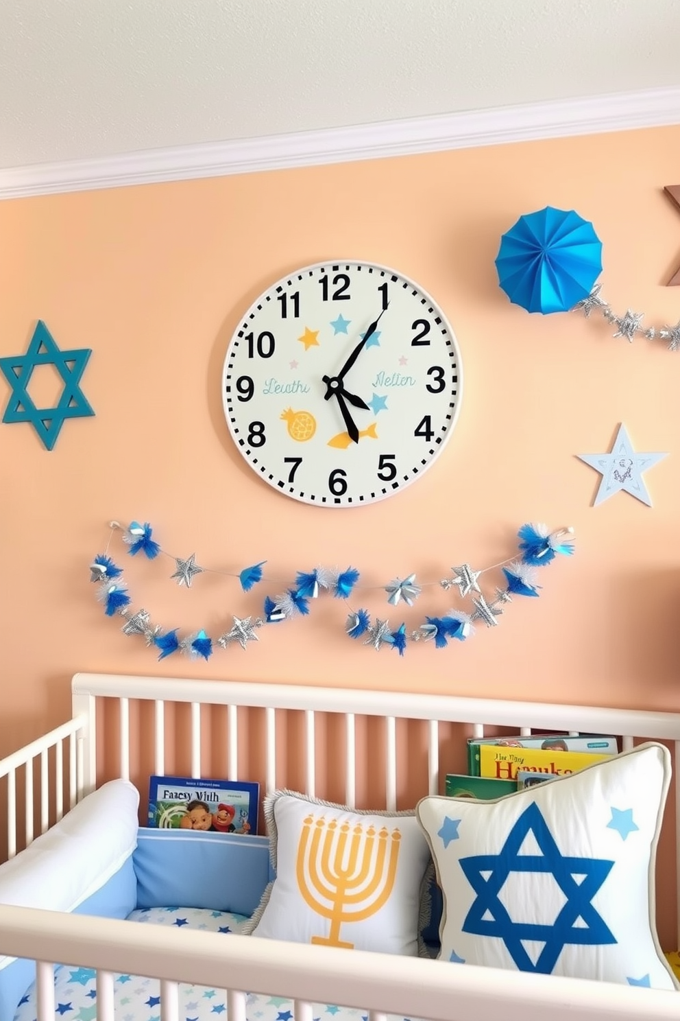 A charming Hanukkah themed wall clock hangs on the soft pastel walls of the nursery. The clock features playful designs of dreidels and stars, creating a festive atmosphere perfect for the holiday season. Colorful Hanukkah decorations adorn the nursery, including blue and silver garlands draped across the crib. A cozy reading nook showcases a plush menorah pillow and a collection of children's books about Hanukkah.