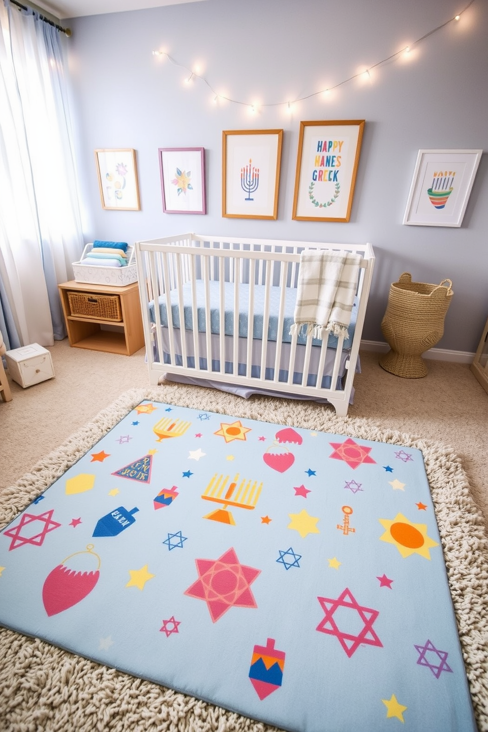 A cozy nursery playmat featuring vibrant Hanukkah symbols such as menorahs, dreidels, and stars of David is spread across a soft, plush carpet. The playmat creates a festive atmosphere, encouraging playful exploration while celebrating the holiday spirit. The walls of the nursery are adorned with cheerful Hanukkah-themed artwork, including framed prints of traditional symbols and holiday scenes. Soft blue and white color palettes are used throughout the room, complemented by twinkling string lights that add a warm glow to the space.