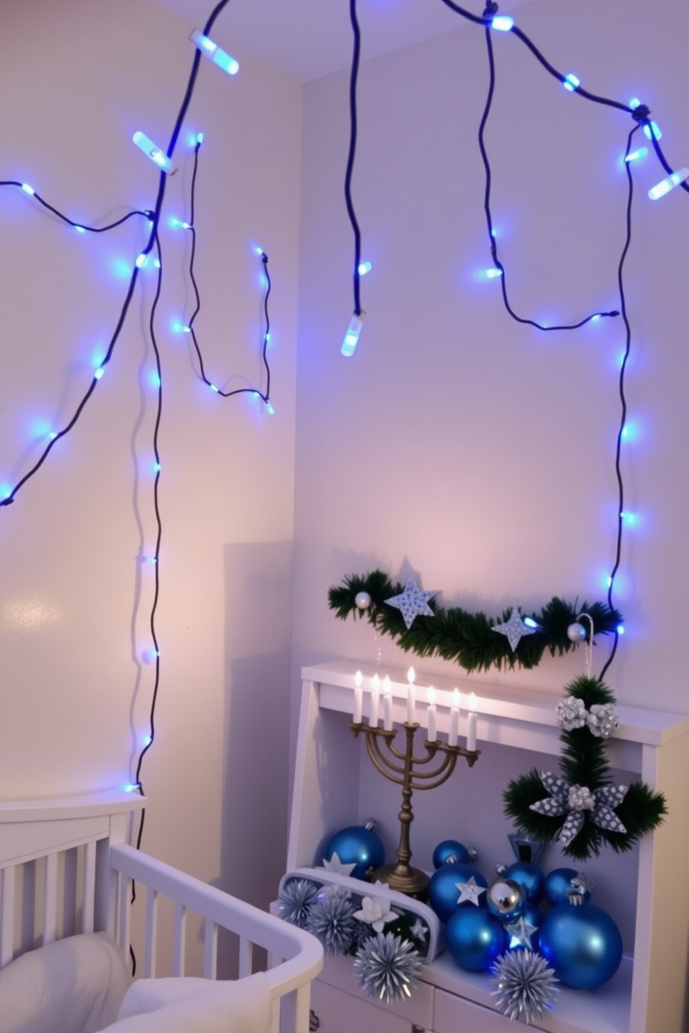 A cozy nursery seating area adorned with dreidel-shaped cushions in vibrant colors. The cushions are arranged on a soft, plush rug, creating a playful and inviting atmosphere for the festive Hanukkah season.