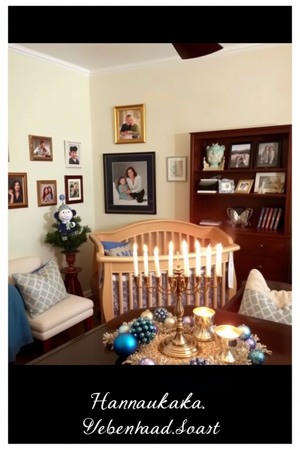 A cozy nursery filled with love and warmth. The walls are painted in soft pastel colors and adorned with decorative picture frames showcasing family photos. For Hanukkah, the room is beautifully decorated with blue and silver accents. A menorah sits on the table, surrounded by festive ornaments and a warm, inviting atmosphere.