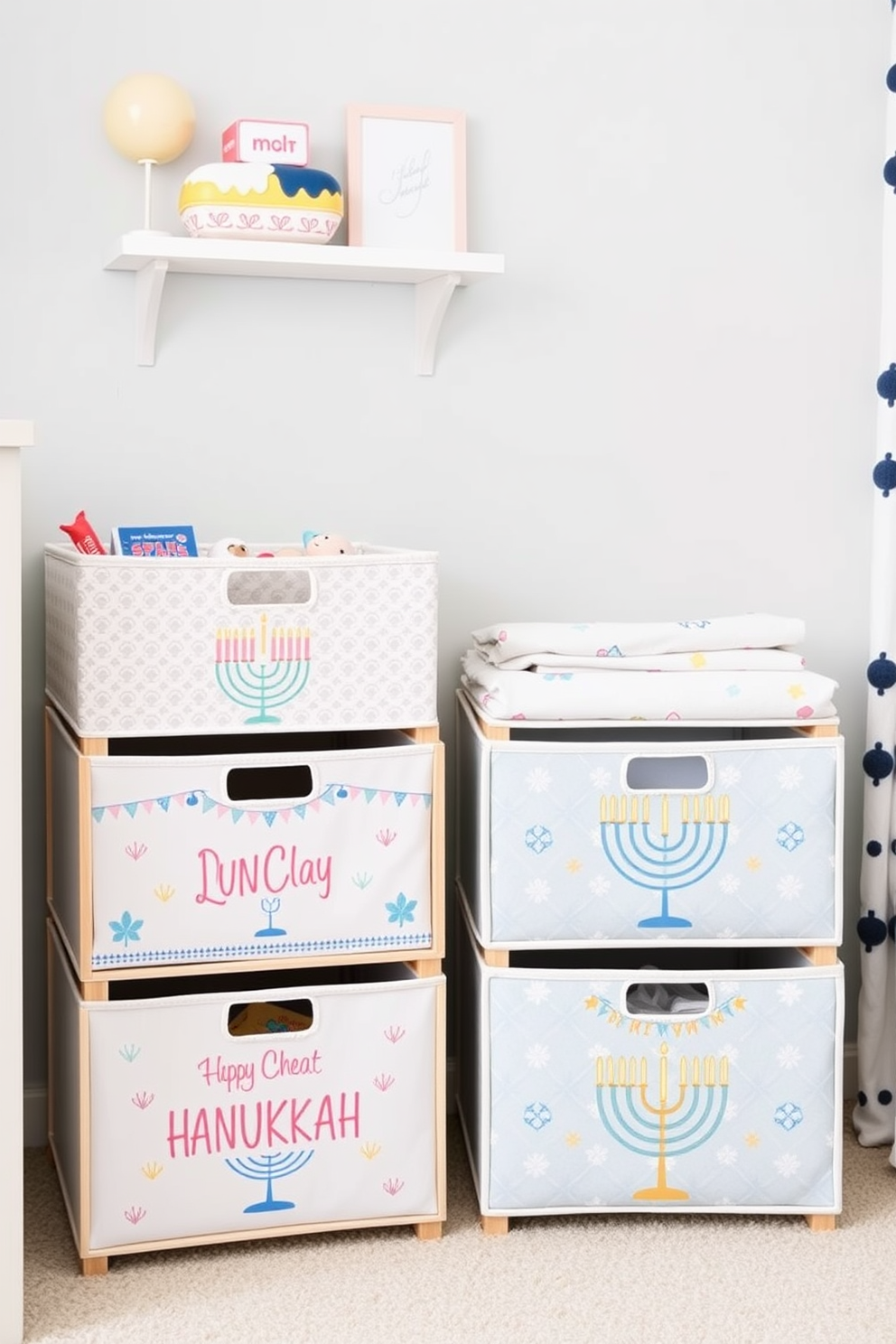 Toy storage bins adorned with cheerful and festive designs are neatly arranged in the corner of the nursery. Soft pastel colors and playful patterns create a joyful atmosphere, perfect for celebrating the spirit of Hanukkah.