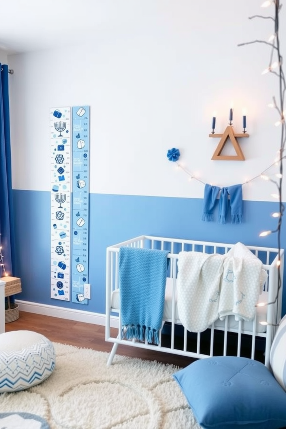 A Hanukkah themed growth chart is beautifully displayed on the wall of the nursery. The chart features vibrant blue and white colors with traditional symbols such as menorahs and dreidels. The nursery is adorned with Hanukkah decorating ideas that create a festive atmosphere. Soft, cozy textiles in shades of blue complement the decor, while twinkling lights add a warm glow to the space.