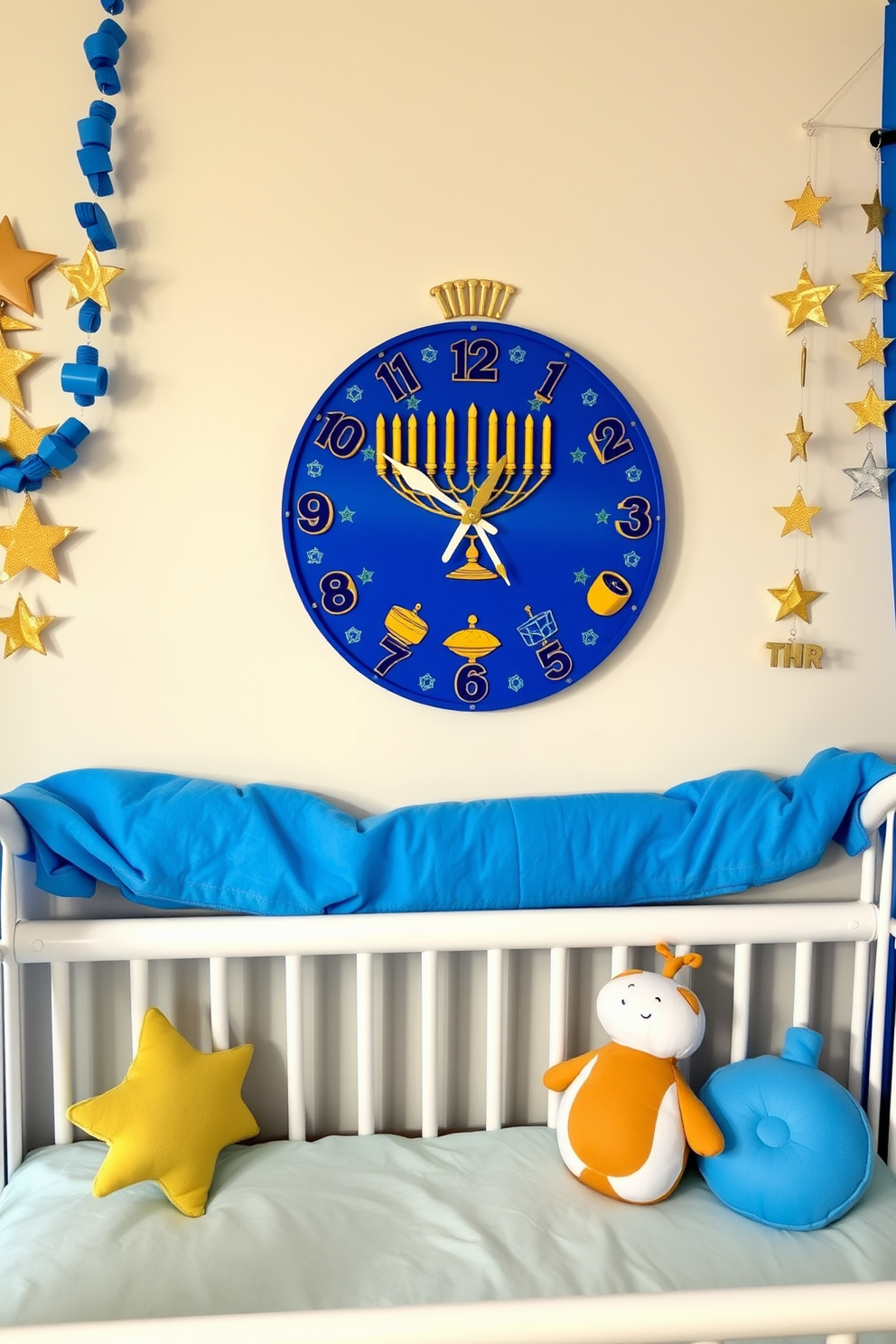 A colorful wall clock features a Hanukkah theme with vibrant blue and gold accents. The clock showcases traditional symbols such as menorahs and dreidels, making it a festive focal point for the nursery. The nursery is adorned with Hanukkah decorating ideas, including star-shaped garlands and soft blue blankets. Plush toys in the shapes of menorahs and dreidels add a playful touch to the cozy space.