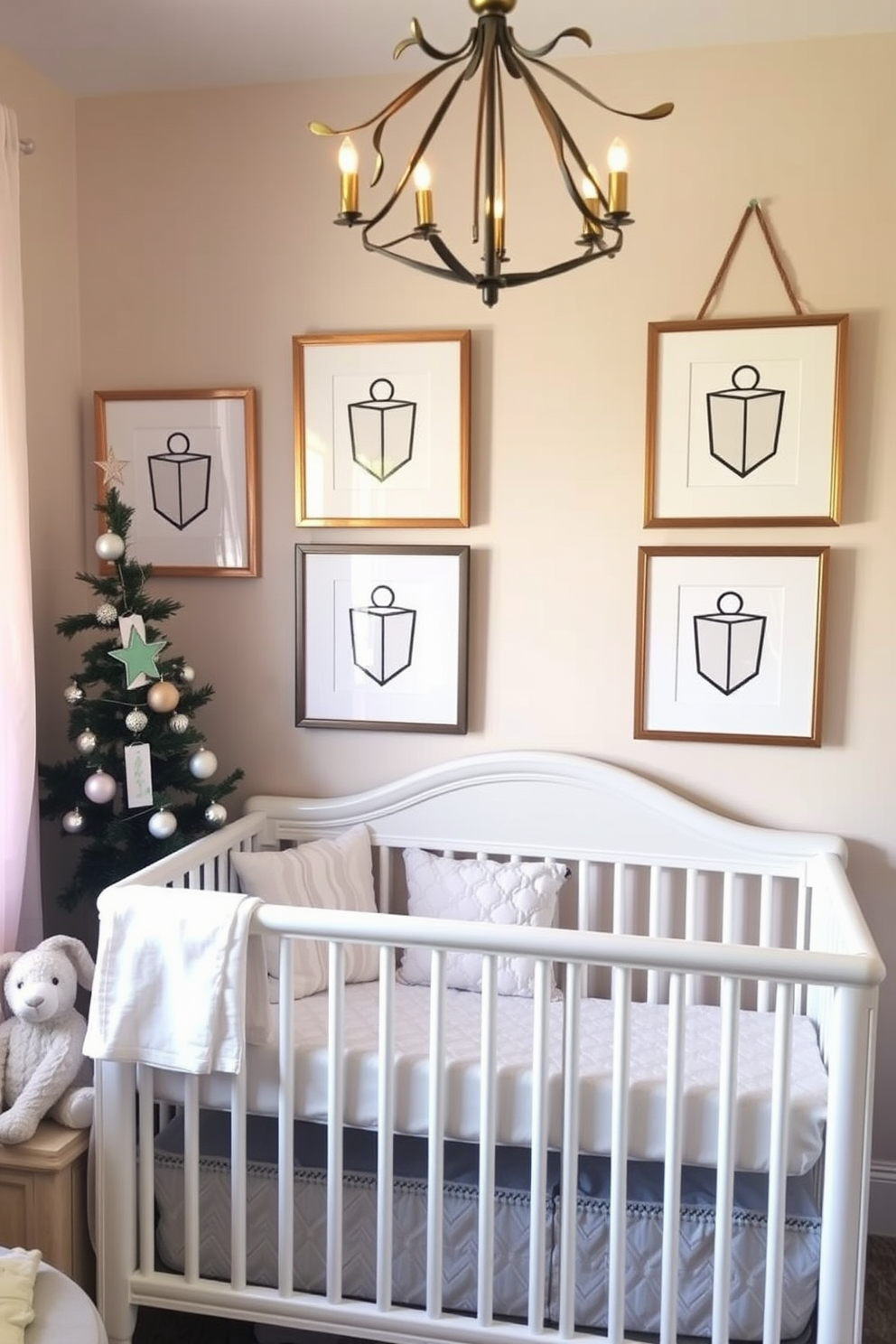 A cozy nursery adorned with framed dreidel art prints on the walls. The decor incorporates soft pastel colors, creating a warm and inviting atmosphere for the holiday season.