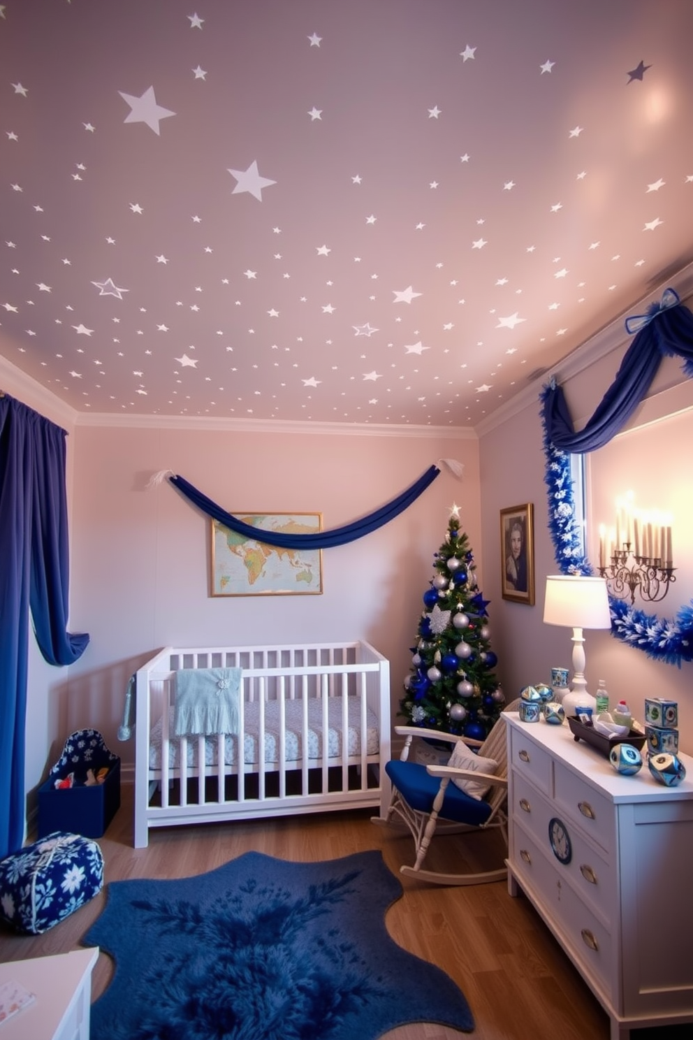 A cozy nursery decorated for Hanukkah with a festive Advent style countdown. Soft blue walls create a serene backdrop, while a large wall calendar features colorful illustrations of dreidels and menorahs, marking each day leading up to the holiday. A plush white rug covers the floor, providing a comfortable play area, and a small bookshelf is filled with children's books about Hanukkah. Twinkling string lights hang above the crib, adding a warm glow to the space.